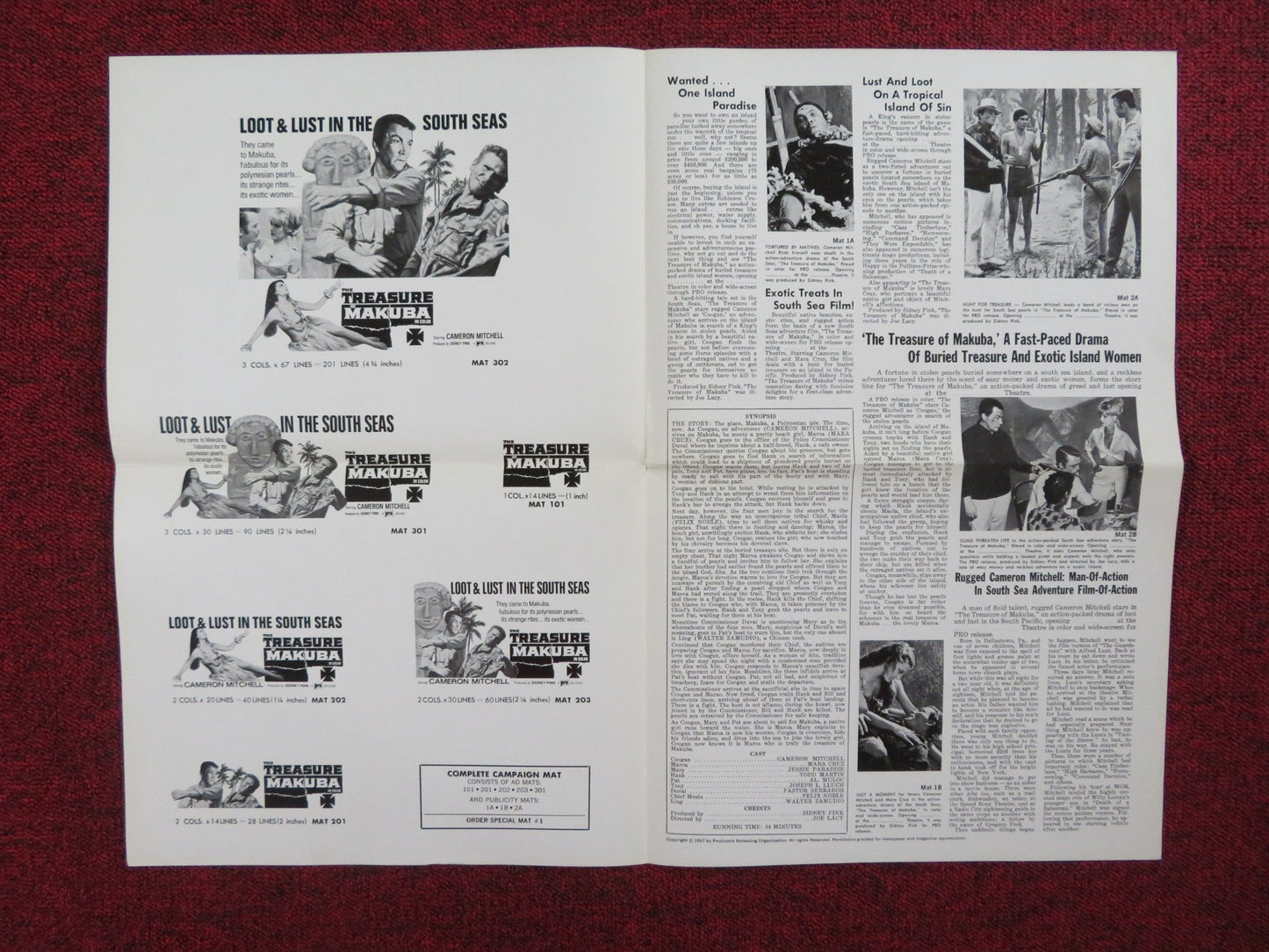 THE TREASURE OF MAKUBA UNCUT PRESS BOOK FOLDED CAMERON MITCHELL MARA CRUZ 1967 Rendezvous Cinema Movie posters