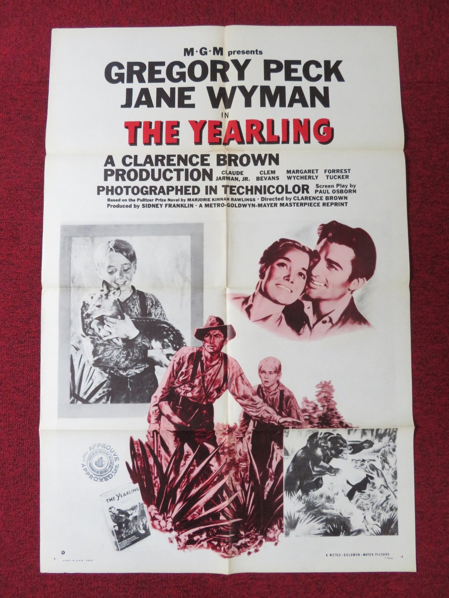 THE YEARLING FOLDED US ONE SHEET POSTER GREGORY PECK JANE WYMAN R1956 Rendezvous Cinema Movie posters