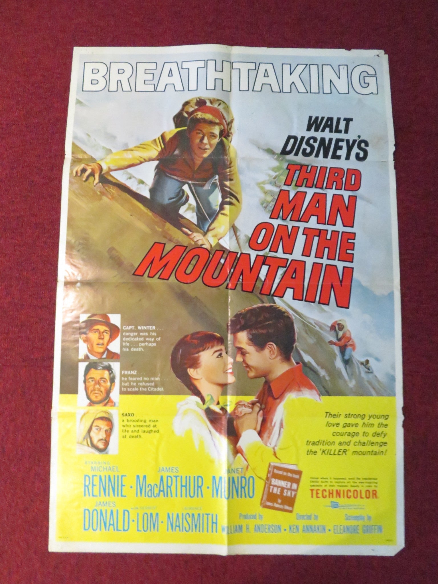 THIRD MAN ON THE MOUNTIAN FOLDED US ONE SHEET POSTER DISNEY MICHAEL RENNIE 1959 Rendezvous Cinema Movie posters