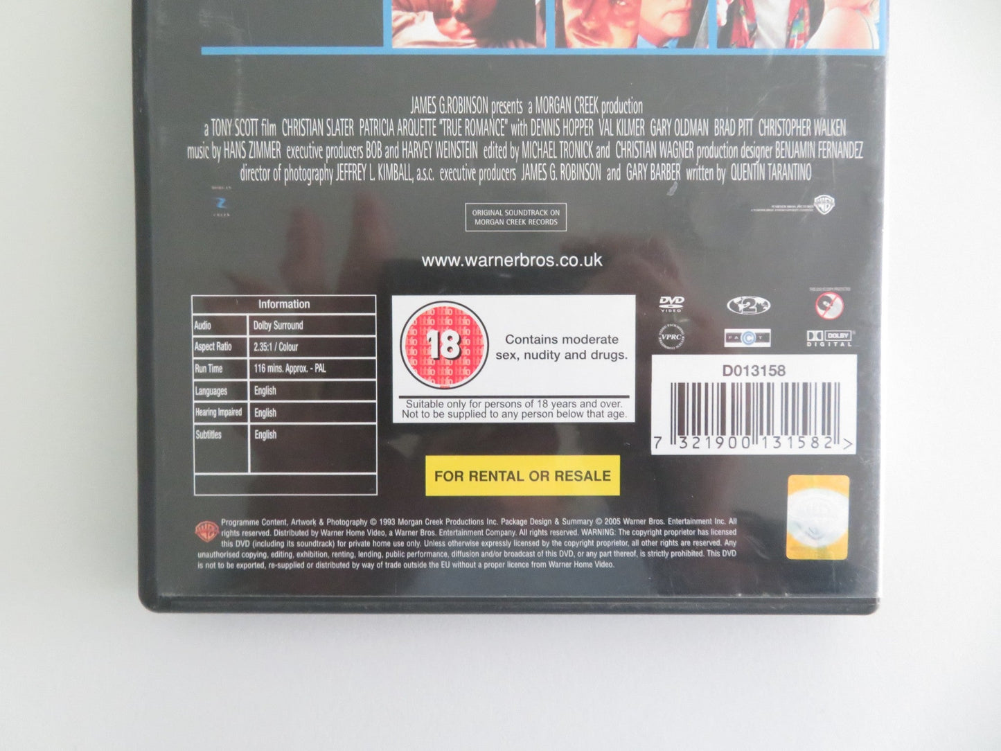 TRUE ROMANCE (DVD) CHRISTIAN SLATER PATRICIA ARQUETTE 1993 REGION 2 Movie posters