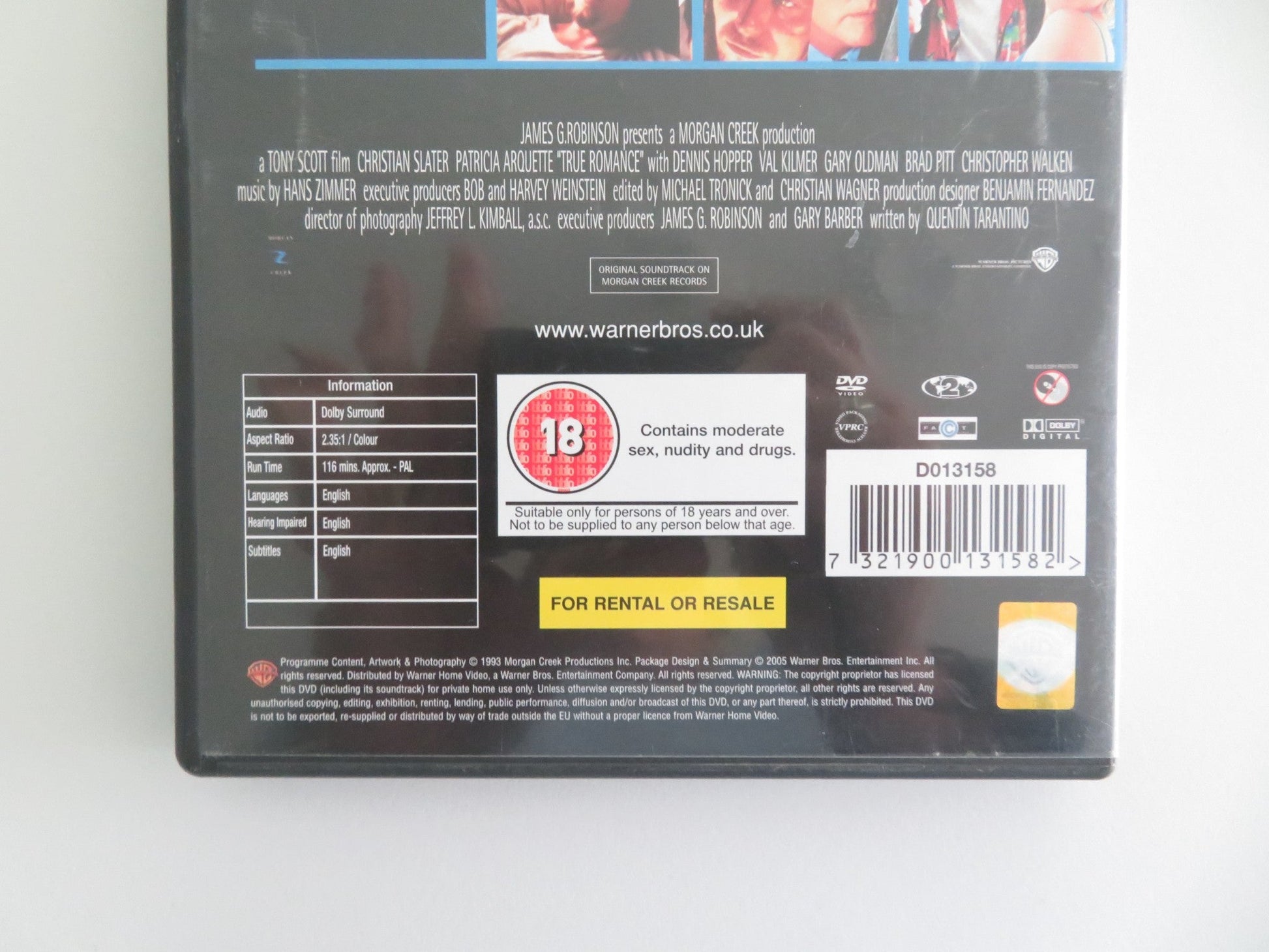 TRUE ROMANCE (DVD) CHRISTIAN SLATER PATRICIA ARQUETTE 1993 REGION 2 Movie posters