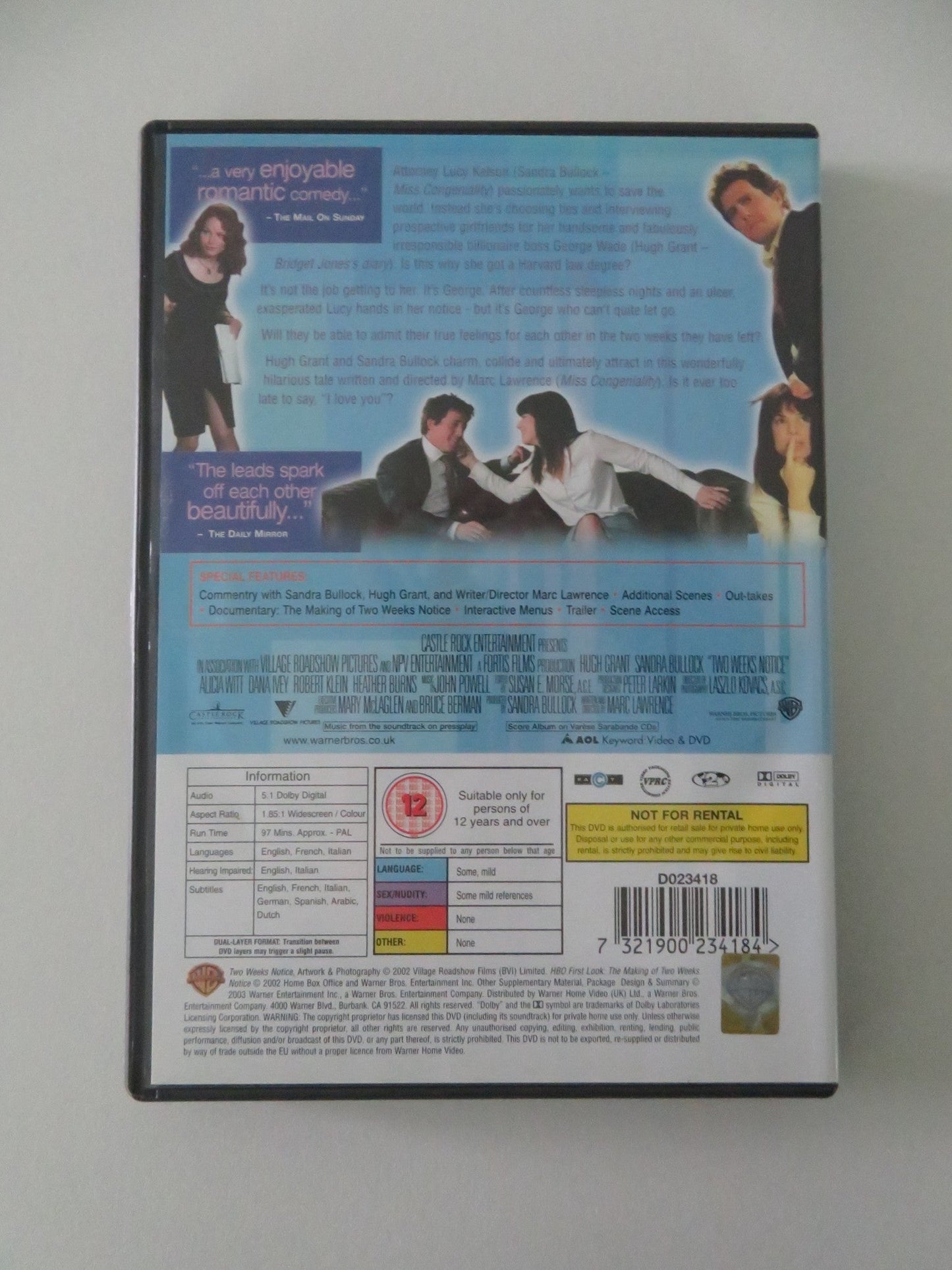 TWO WEEKS NOTICE (DVD) HUGH GRANT SANDRA BULLOCK 2002 REGION 2 Movie posters