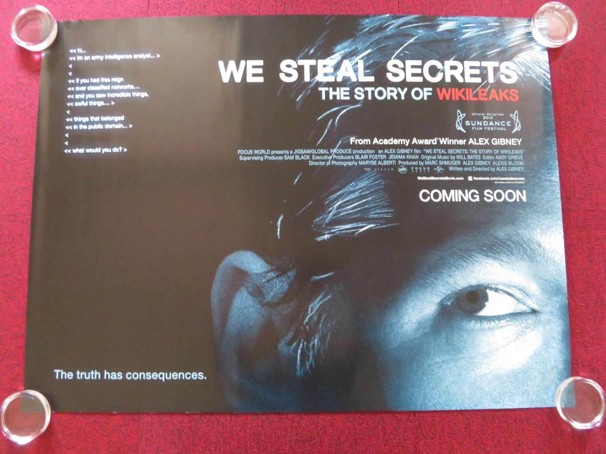 WE STEAL SECRETS UK QUAD ROLLED POSTER JULIAN ASSANGE ALEX GIBNEY 2013 Rendezvous Cinema Movie posters