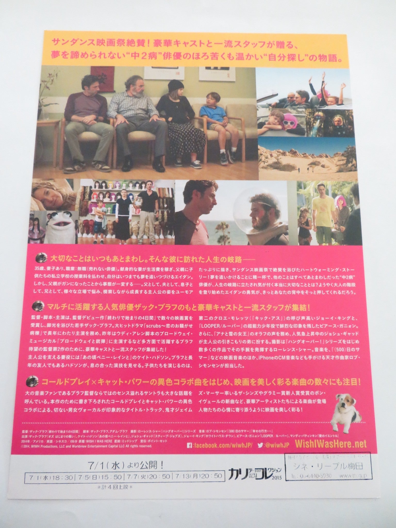 WISH I WAS HERE JAPANESE CHIRASHI (B5) POSTER KATE HUDSON JOEY KING 2014 Rendezvous Cinema Movie posters