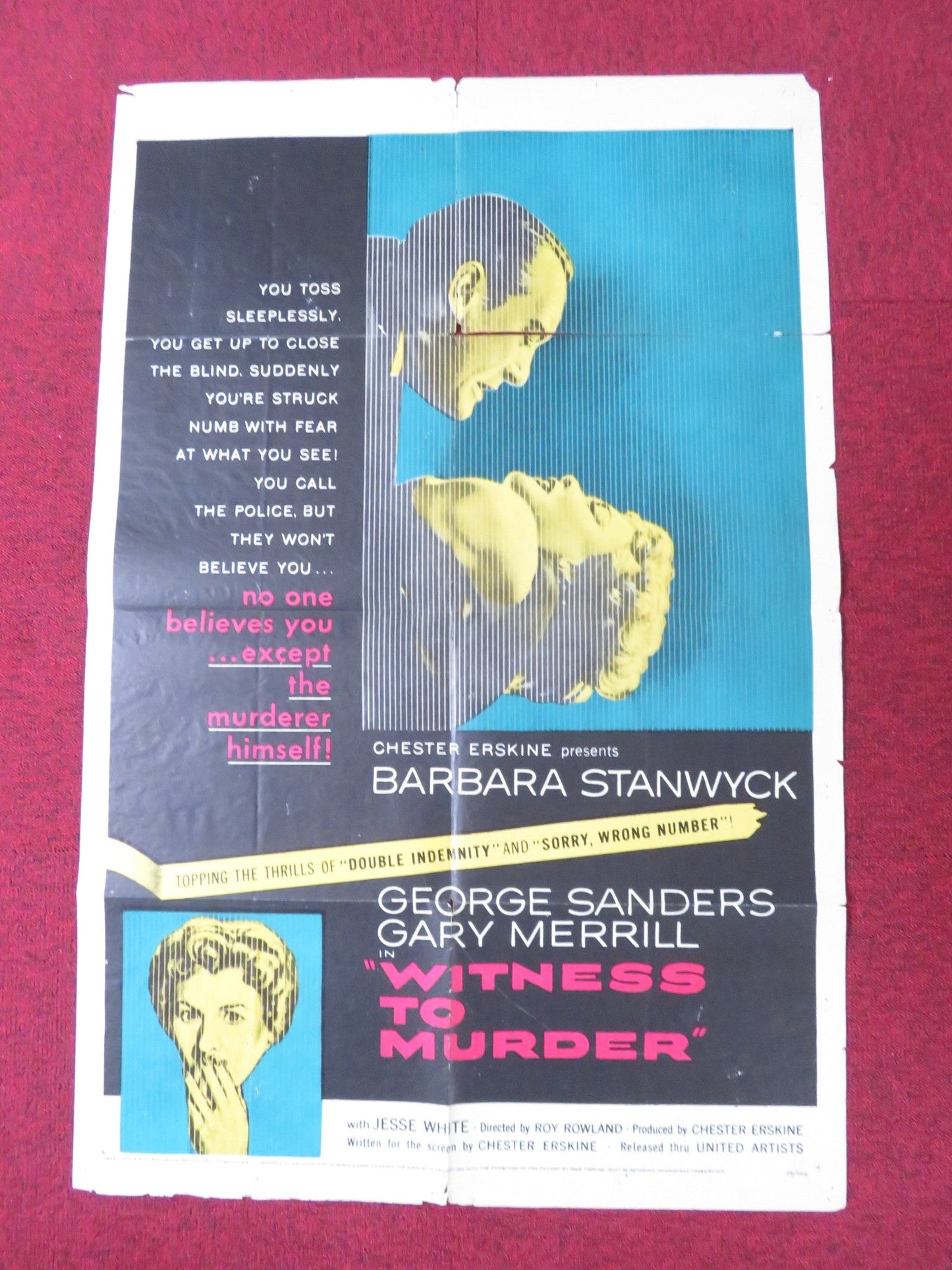 WITNESS TO MURDER FOLDED US ONE SHEET POSTER BARBARA STANWYCK G. SANDERS 1954 Rendezvous Cinema Movie posters