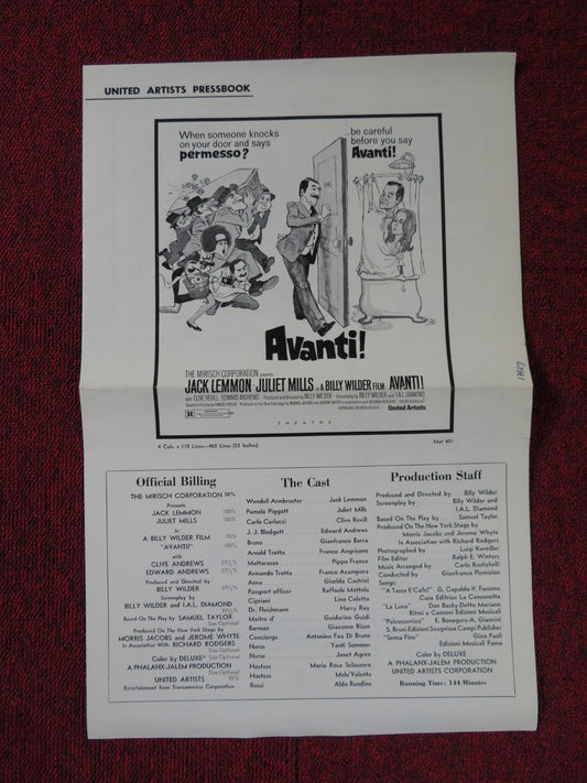 AVANTI! UNCUT UNITED ARTISTS FOLDED PRESS BOOK JACK LEMMON JULIET MILLS 1972 Rendezvous Cinema Movie posters