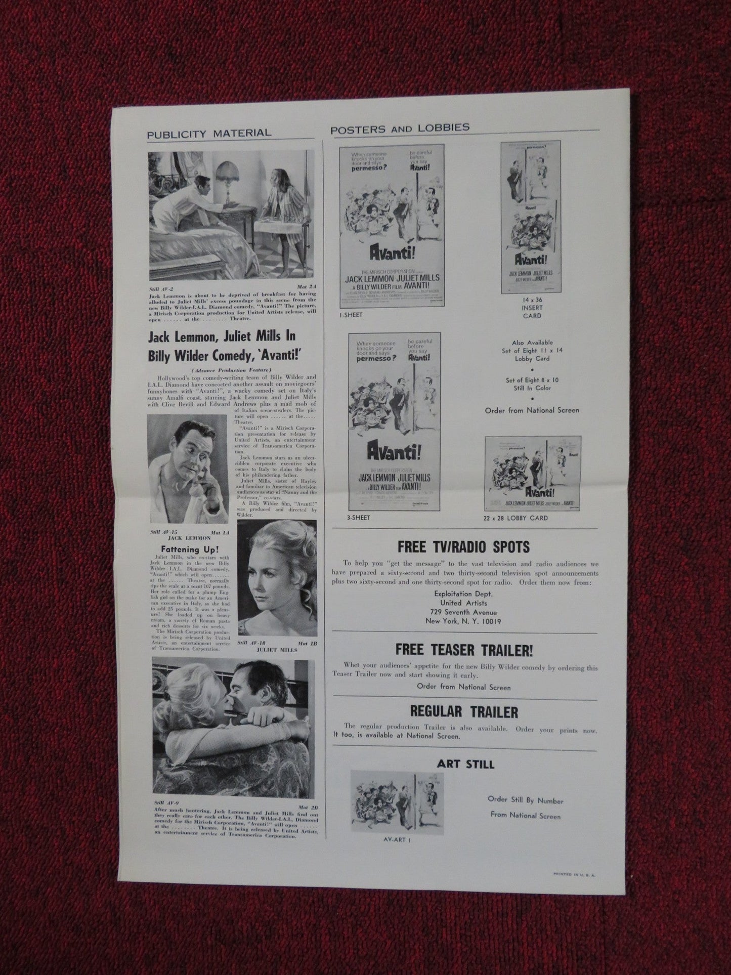 AVANTI! UNCUT UNITED ARTISTS FOLDED PRESS BOOK JACK LEMMON JULIET MILLS 1972 Rendezvous Cinema Movie posters