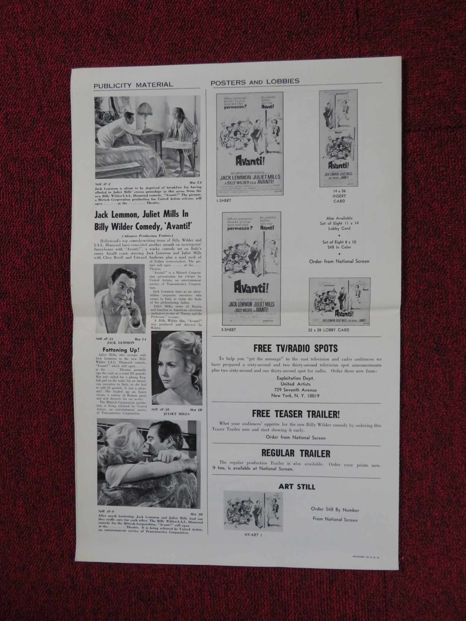 AVANTI! UNCUT UNITED ARTISTS FOLDED PRESS BOOK JACK LEMMON JULIET MILLS 1972 Rendezvous Cinema Movie posters