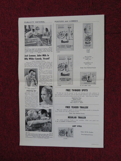 AVANTI! UNCUT UNITED ARTISTS FOLDED PRESS BOOK JACK LEMMON JULIET MILLS 1972 Rendezvous Cinema Movie posters