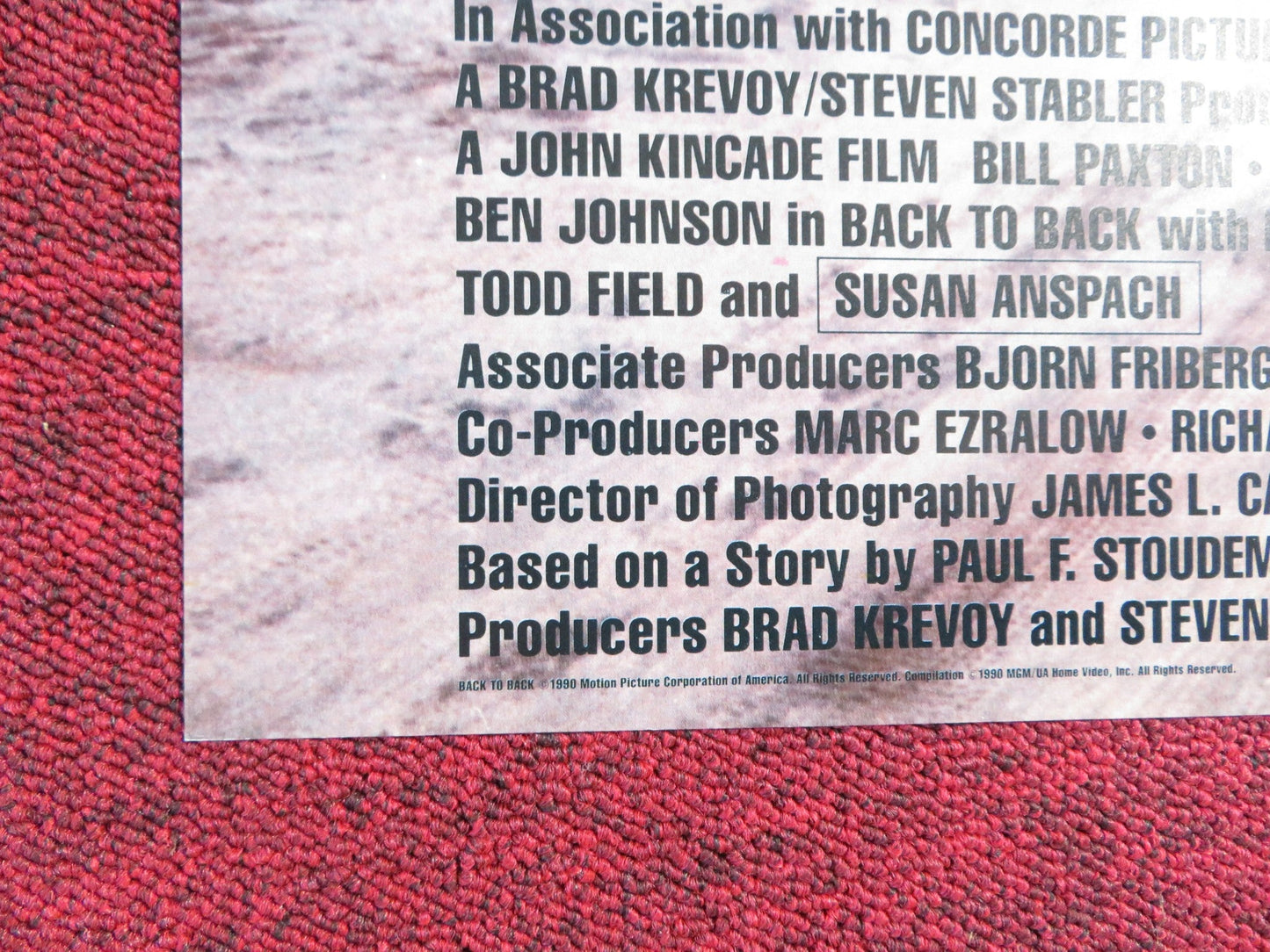 BACK TO BACK VHS VIDEO POSTER FOLDED BILL PAXTON APOLLONIA 1990 Rendezvous Cinema Movie posters