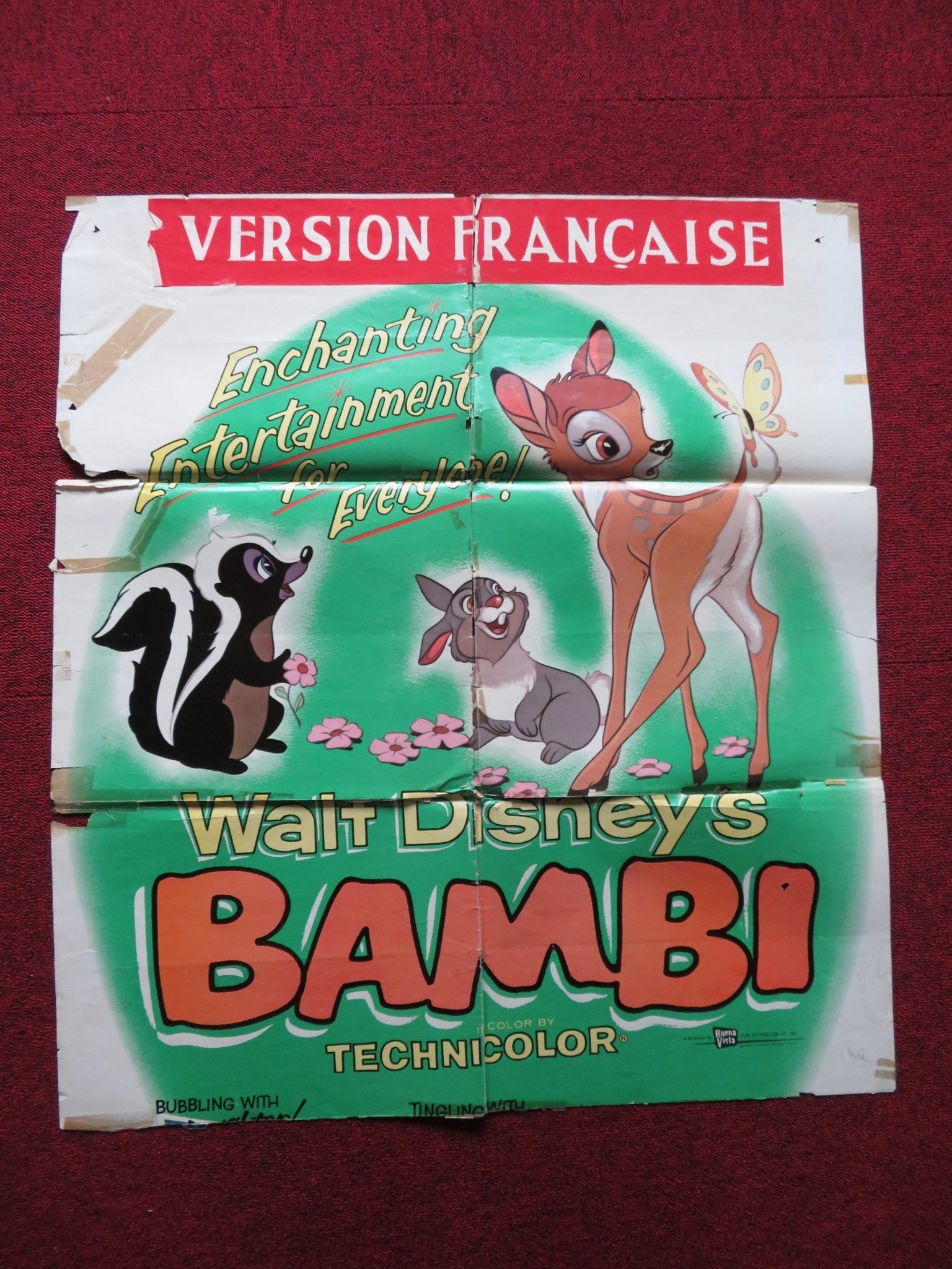BAMBI FOLDED US ONE SHEET POSTER DISNEY R1957 Rendezvous Cinema Movie posters