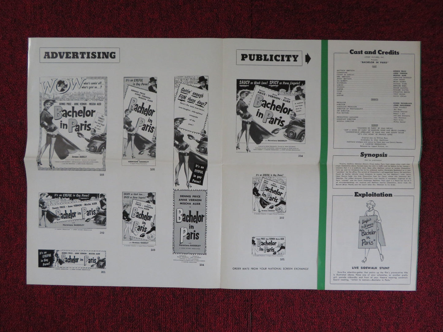 BATCHELOR IN PARIS UNCUT LIPPERT FOLDED PRESS BOOK DENNIS PRICE ANNE VERNON 1952 Rendezvous Cinema Movie posters