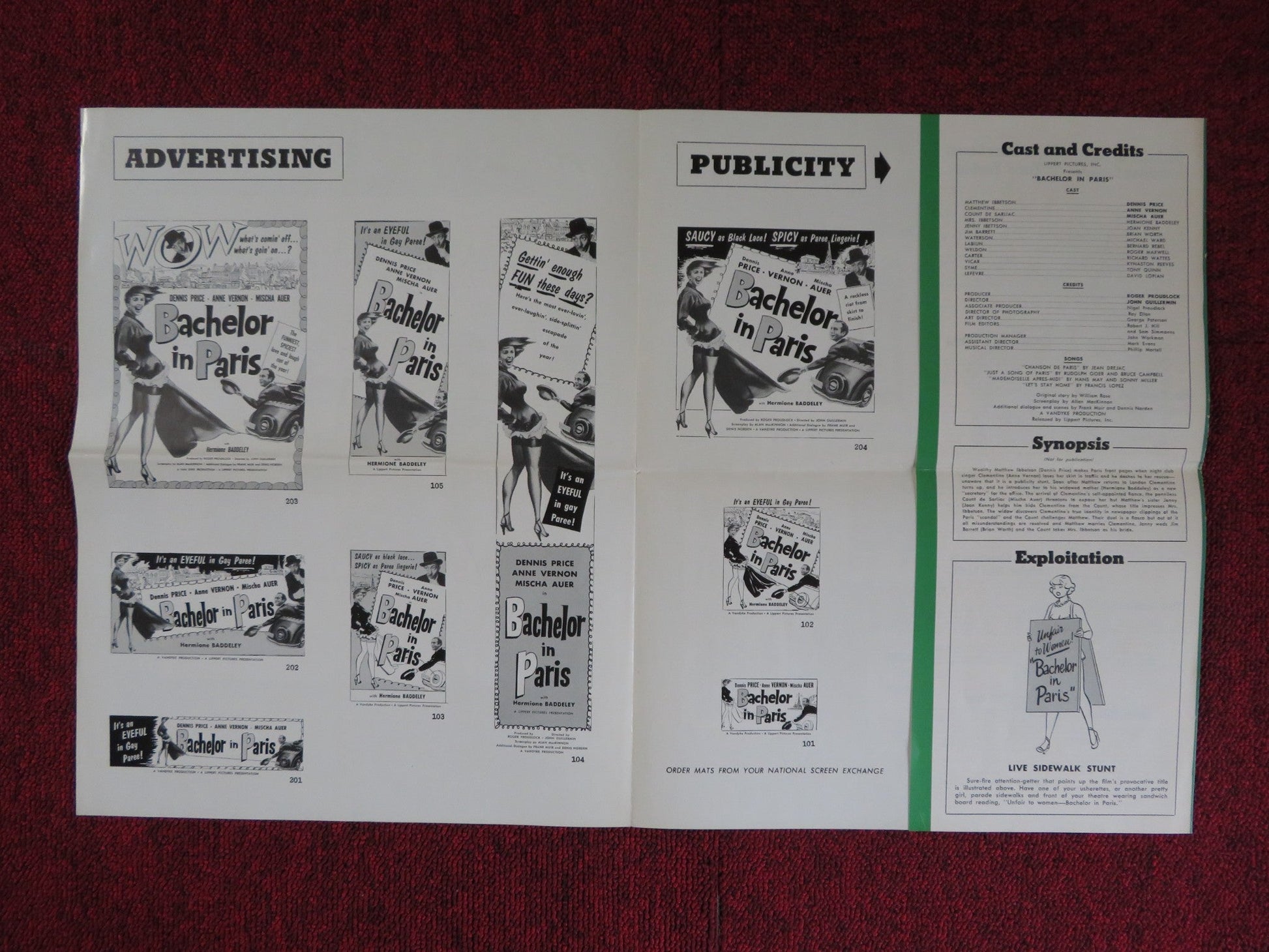 BATCHELOR IN PARIS UNCUT LIPPERT FOLDED PRESS BOOK DENNIS PRICE ANNE VERNON 1952 Rendezvous Cinema Movie posters