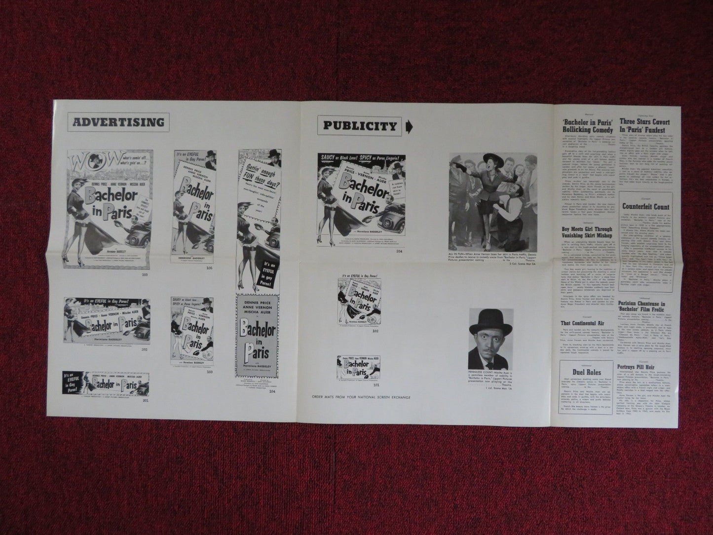 BATCHELOR IN PARIS UNCUT LIPPERT FOLDED PRESS BOOK DENNIS PRICE ANNE VERNON 1952 Rendezvous Cinema Movie posters