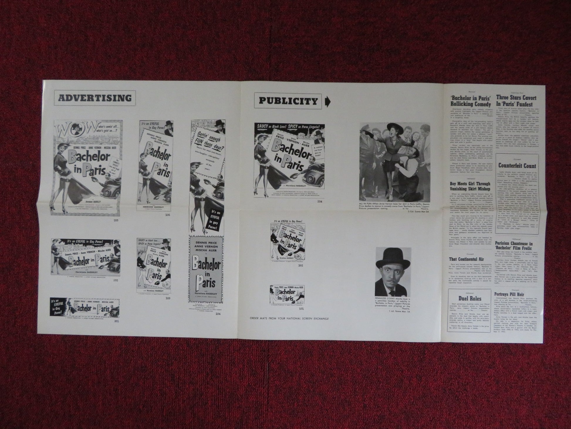 BATCHELOR IN PARIS UNCUT LIPPERT FOLDED PRESS BOOK DENNIS PRICE ANNE VERNON 1952 Rendezvous Cinema Movie posters