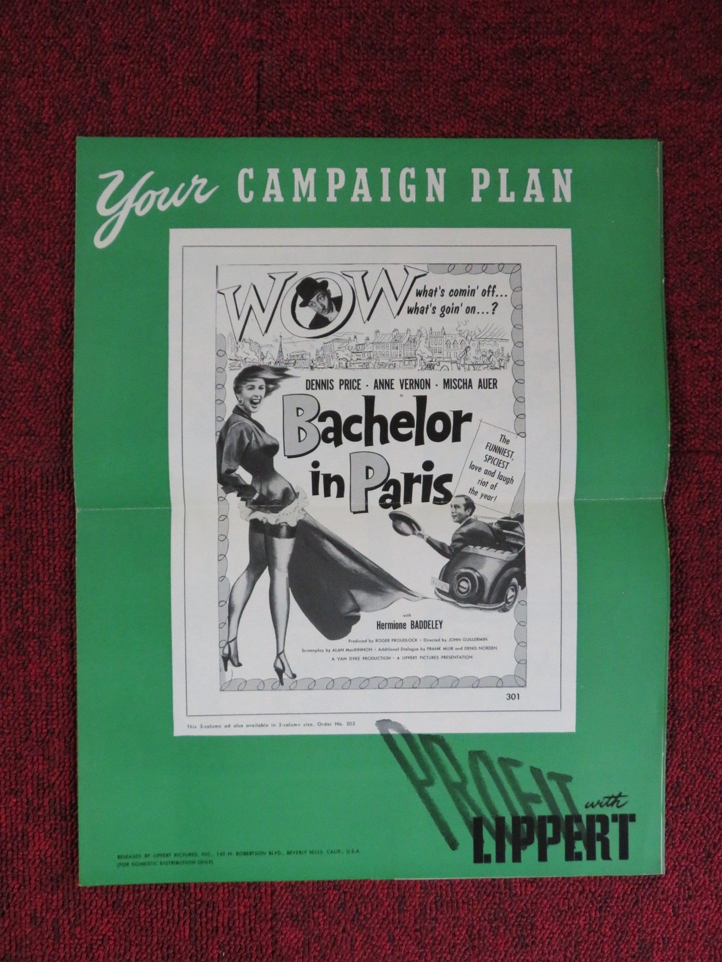 BATCHELOR IN PARIS UNCUT LIPPERT FOLDED PRESS BOOK DENNIS PRICE ANNE VERNON 1952 Rendezvous Cinema Movie posters