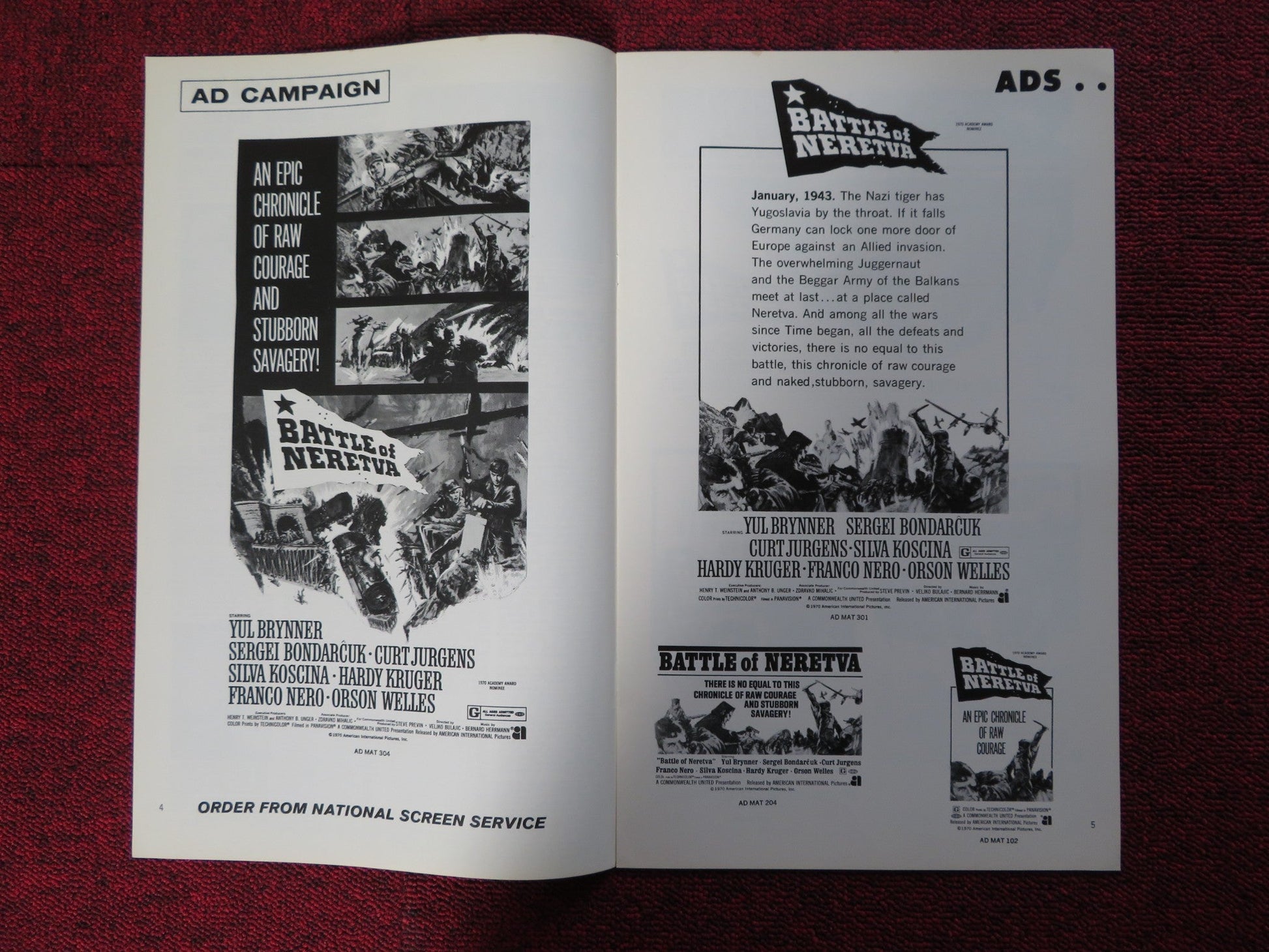 BATTLE OF NERETVA - PRESSBOOK UNCUT AMERICAN INTERNATIONAL BRYNNER WELLES 1969 Rendezvous Cinema Movie posters