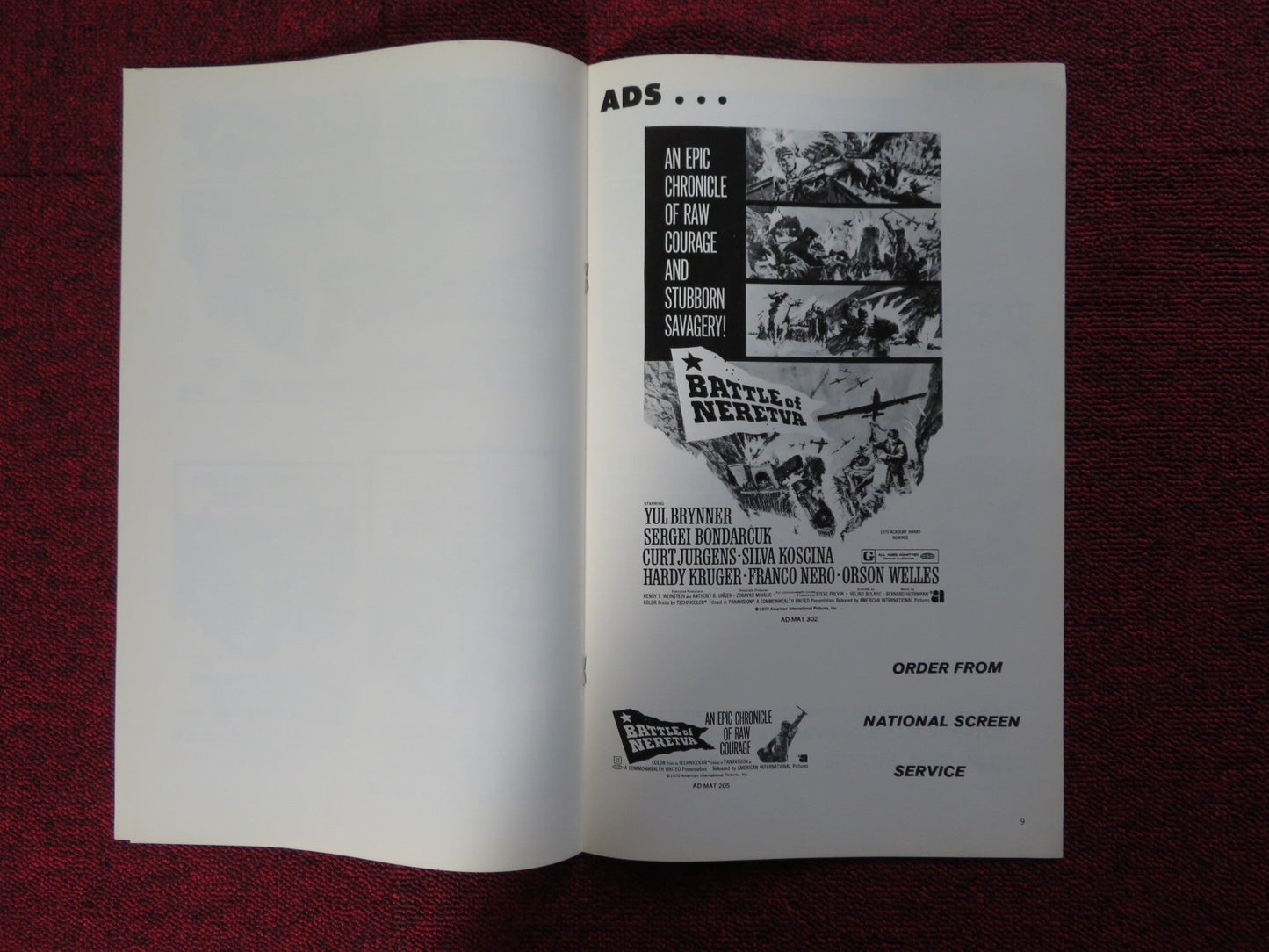 BATTLE OF NERETVA - PRESSBOOK UNCUT AMERICAN INTERNATIONAL BRYNNER WELLES 1969 Rendezvous Cinema Movie posters