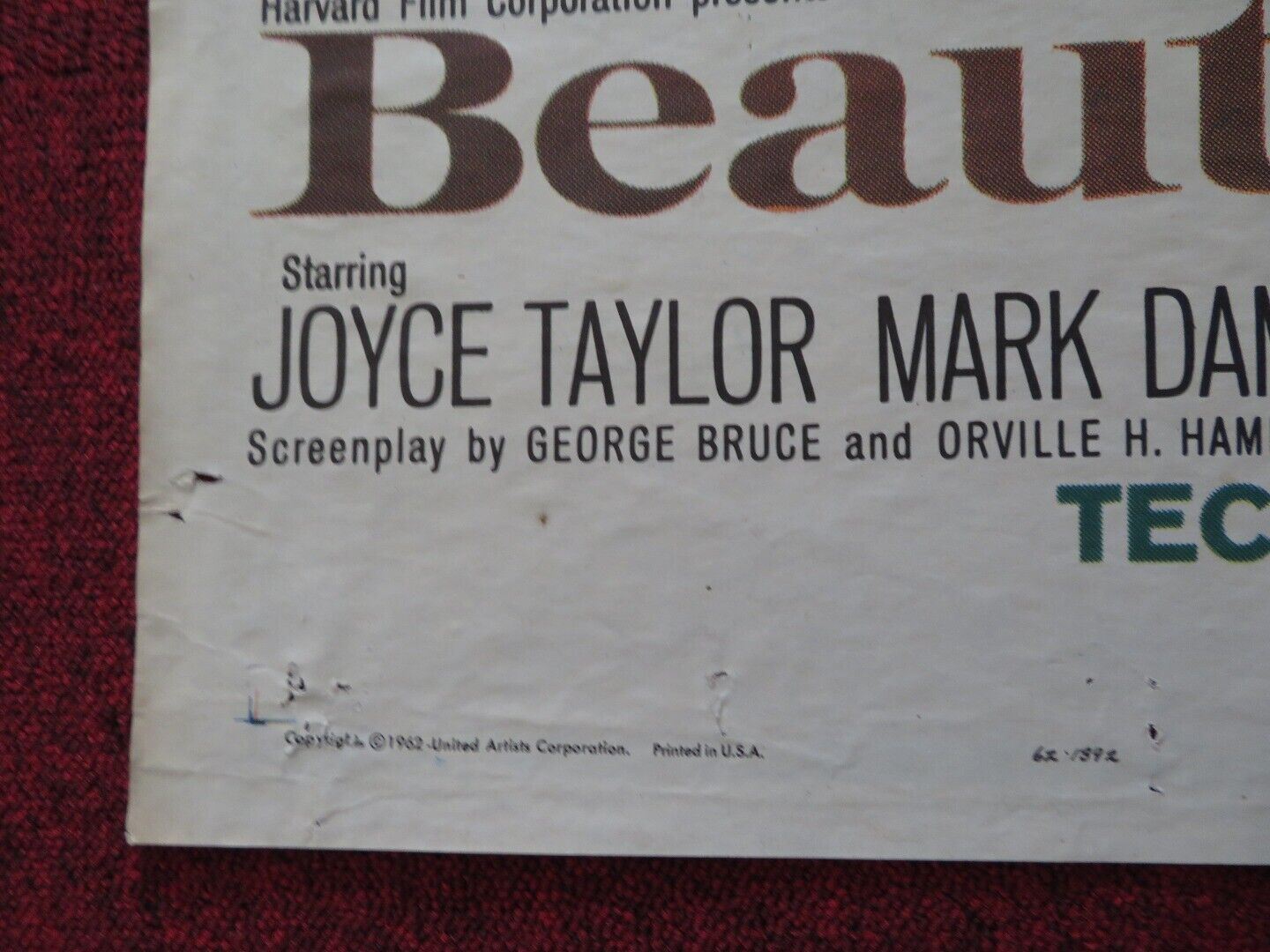 BEAUTY AND THE BEAST FOLDED US ONE SHEET POSTER JOYCE TAYLOR MARK DAMON 1962 Movie posters