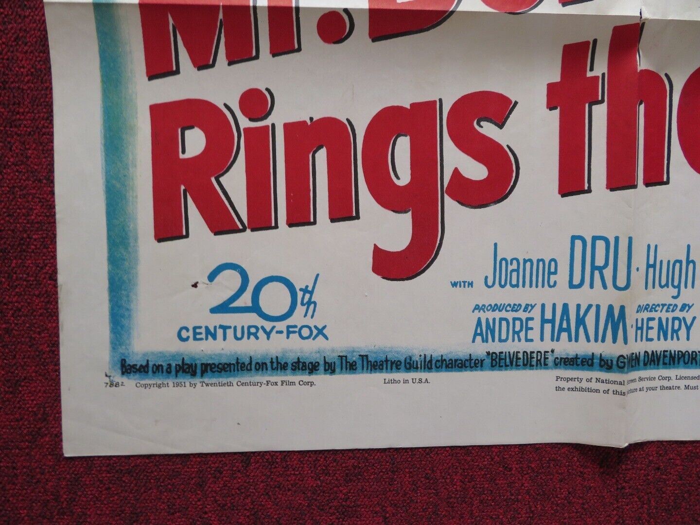 BELVEDERE RING THE BELL FOLDED US ONE SHEET POSTER CLIFTON WEBB JOANNE DRU 1951 Movie posters
