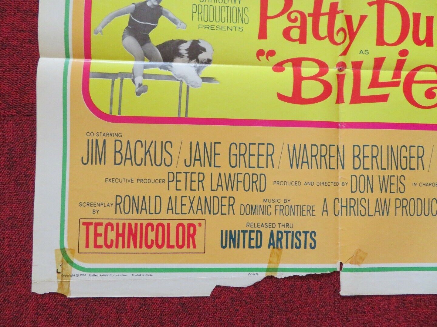 BILLIE FOLDED US ONE SHEET POSTER JIM BACKUS JANE GREER 1965 Movie posters