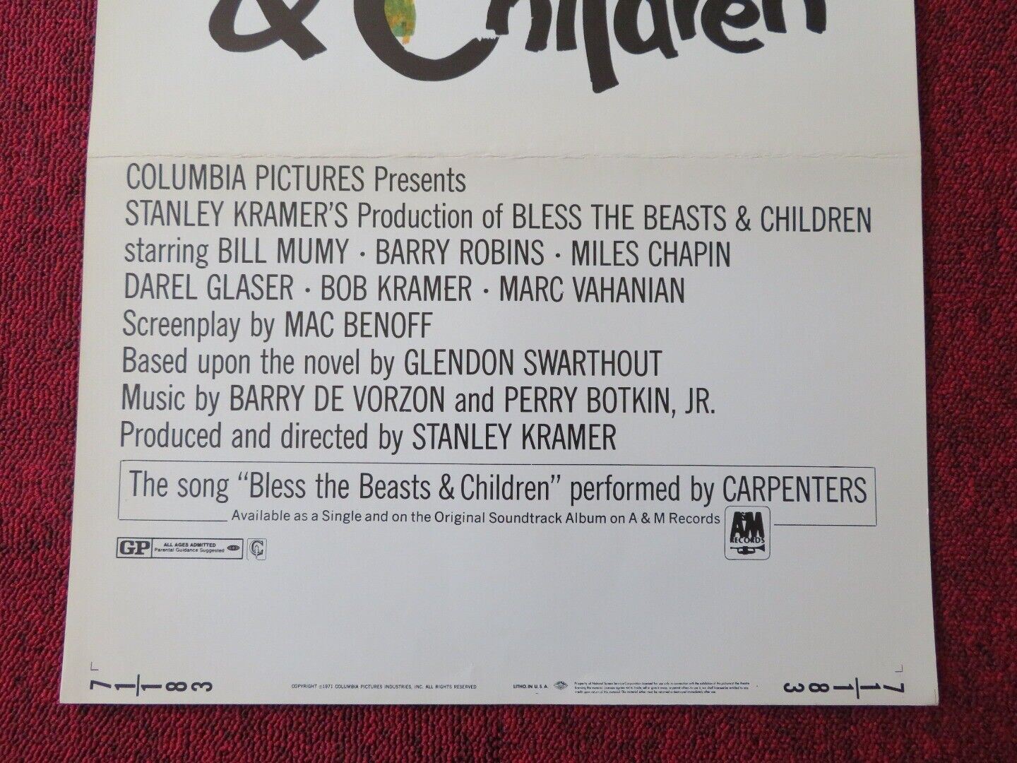 BLESS THE BEASTS & CHILDREN US INSERT (14"x 36") POSTER BILL MUMY 1971 Movie posters
