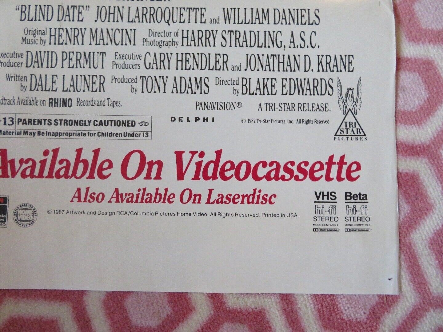 BLIND DATE VIDEO VHS POSTER FOLDED BRUCE WILLIS KIM BASINGER 1987 Movie posters