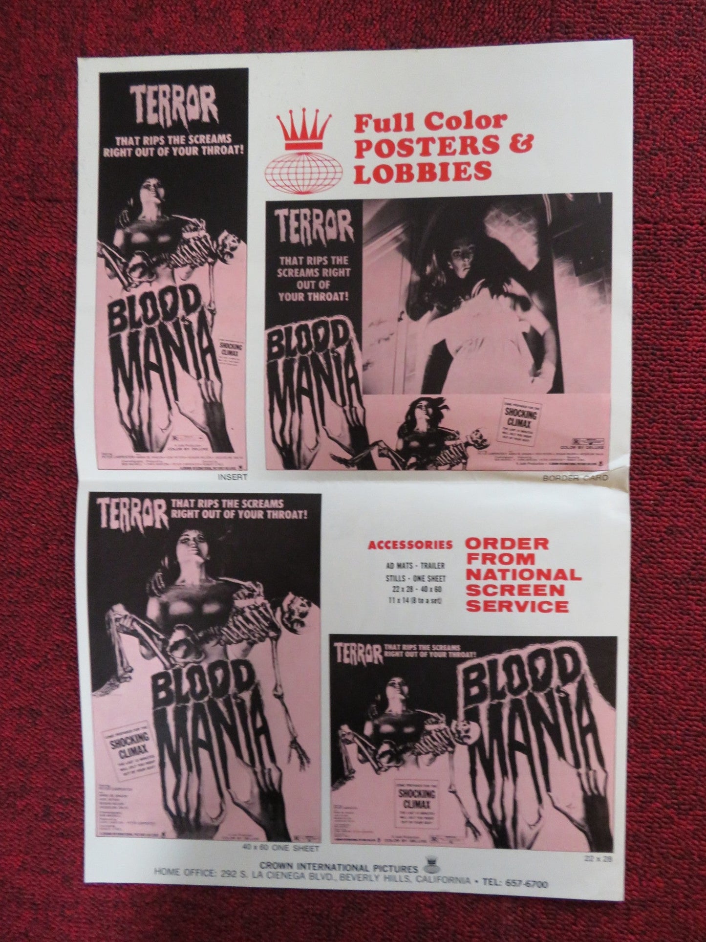 BLOOD MANIA UNCUT CROWN INTERNATIONAL FOLDED PRESS BOOK PETER CARPENTER 1970 Rendezvous Cinema Movie posters