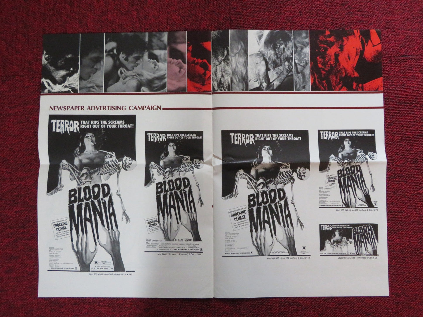 BLOOD MANIA UNCUT CROWN INTERNATIONAL FOLDED PRESS BOOK PETER CARPENTER 1970 Rendezvous Cinema Movie posters