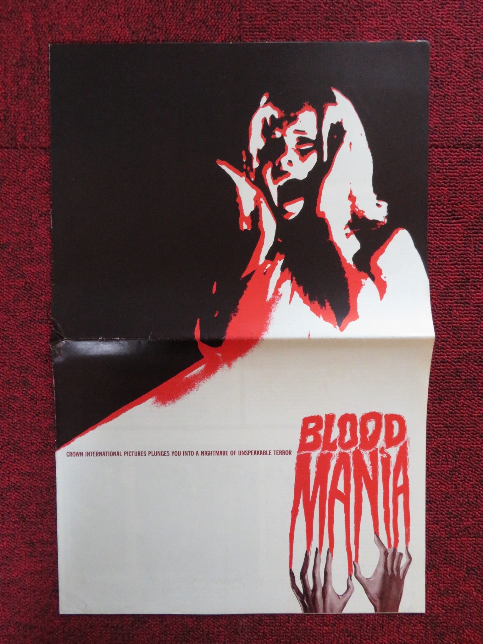 BLOOD MANIA UNCUT CROWN INTERNATIONAL FOLDED PRESS BOOK PETER CARPENTER 1970 Rendezvous Cinema Movie posters