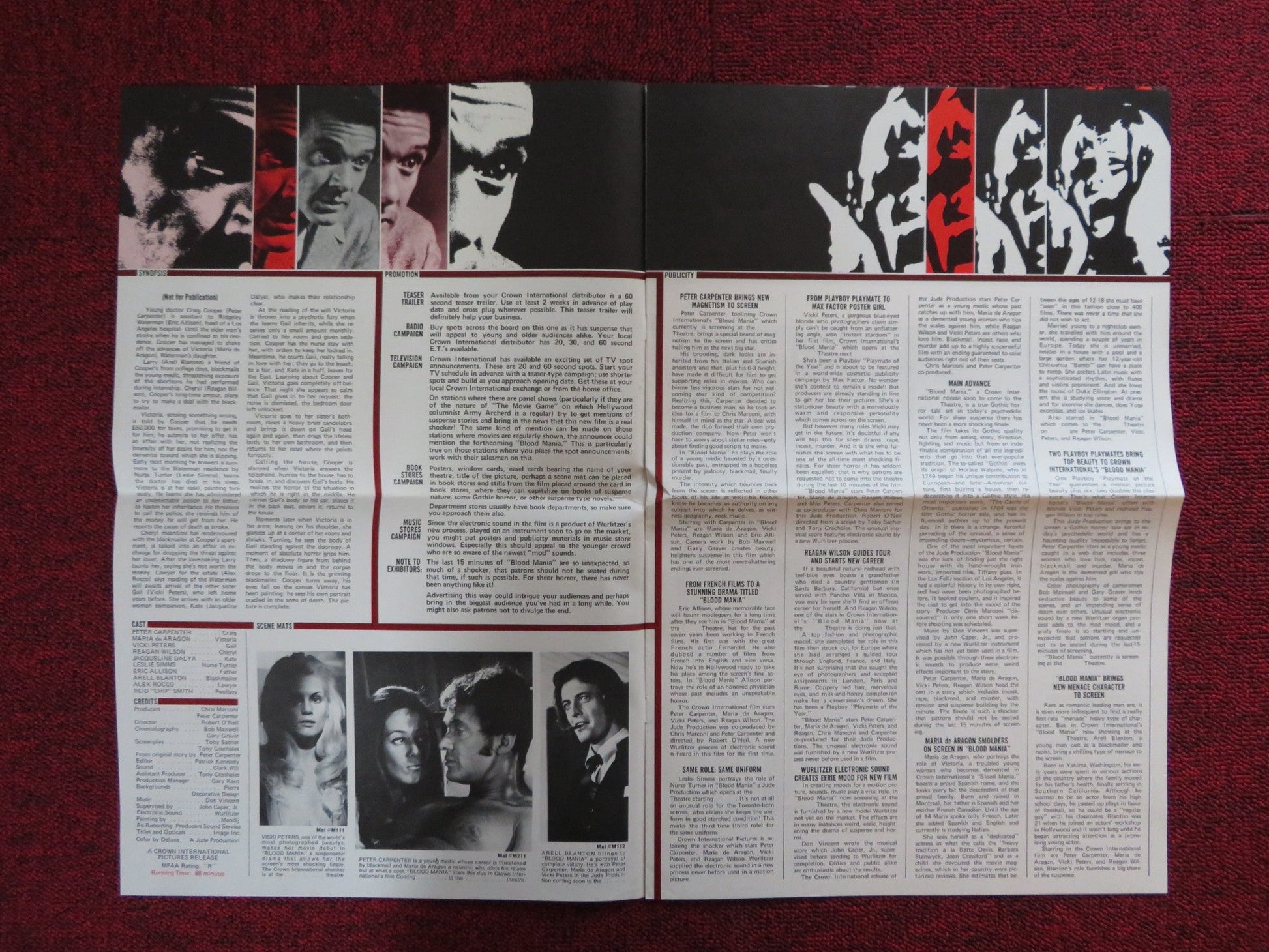 BLOOD MANIA UNCUT CROWN INTERNATIONAL FOLDED PRESS BOOK PETER CARPENTER 1970 Rendezvous Cinema Movie posters
