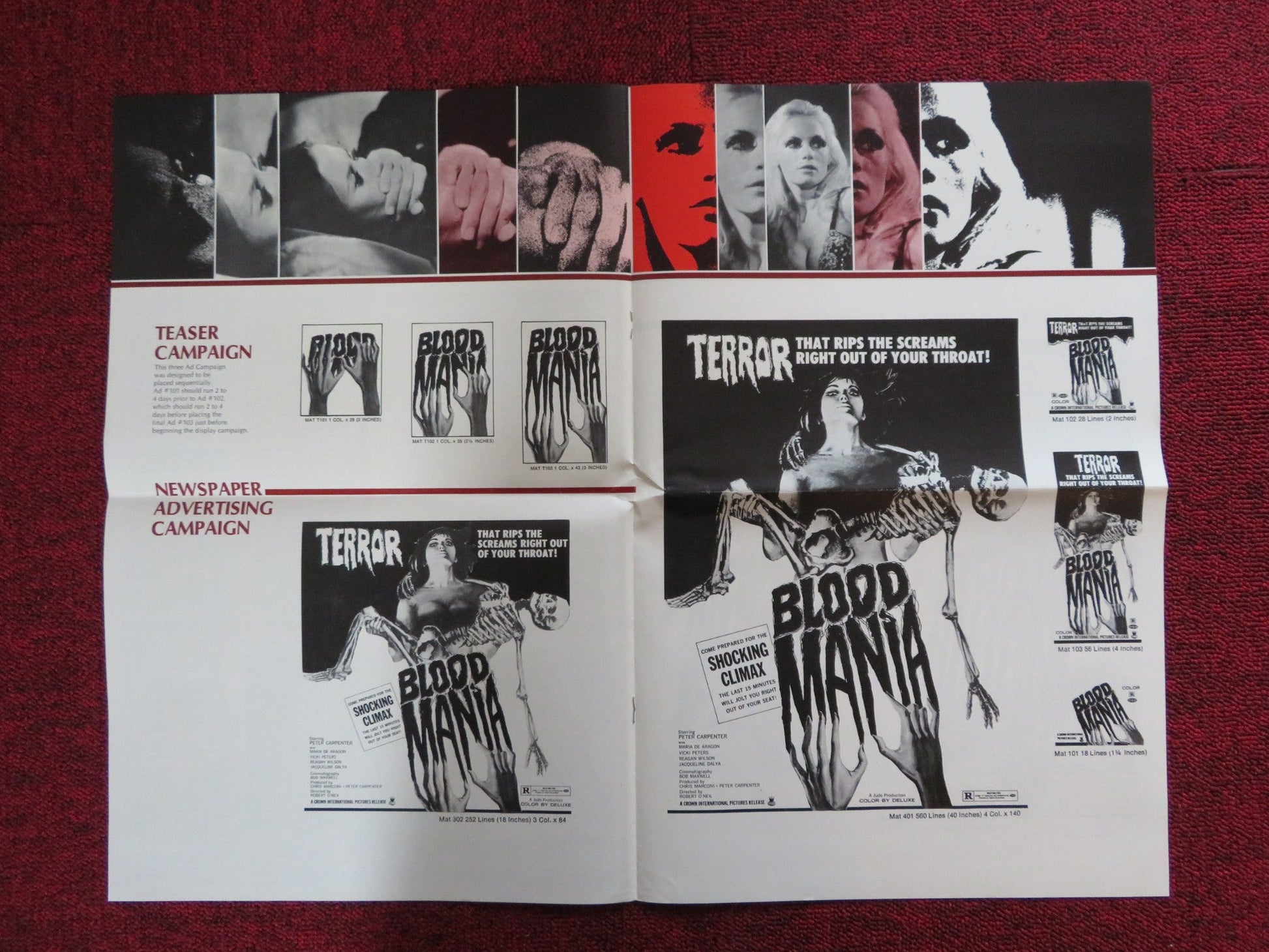 BLOOD MANIA UNCUT CROWN INTERNATIONAL FOLDED PRESS BOOK PETER CARPENTER 1970 Rendezvous Cinema Movie posters