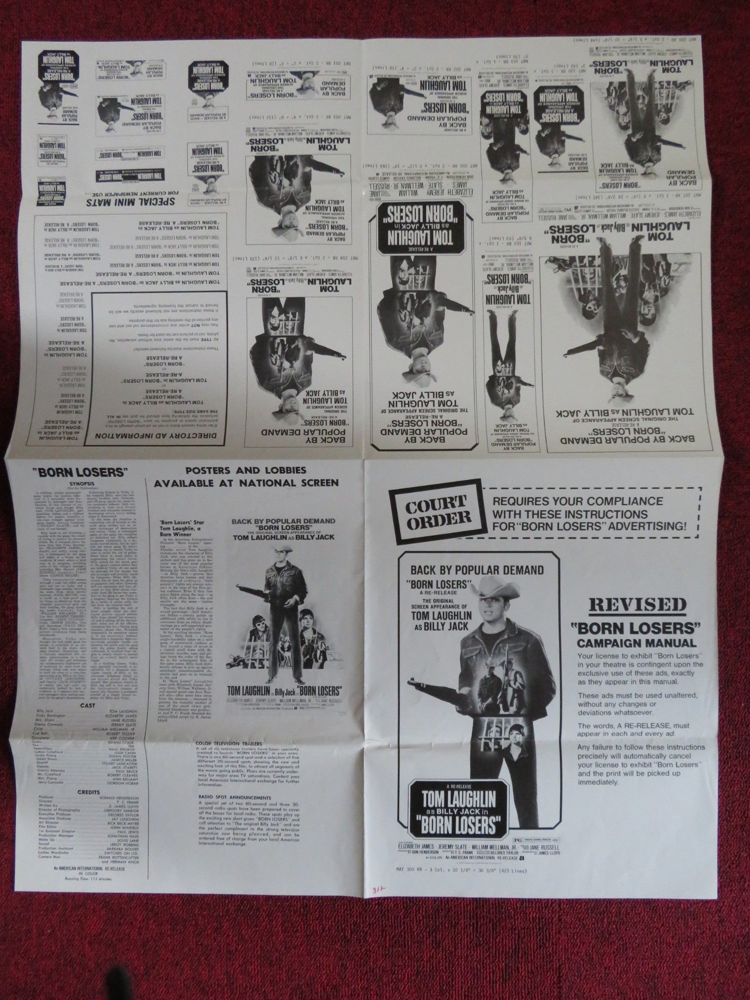 BORN LOSERS - REVISED PRESSBOOK UNCUT AMERICAN INTERNATIONAL TOM LAUGHLIN 1974 Rendezvous Cinema Movie posters