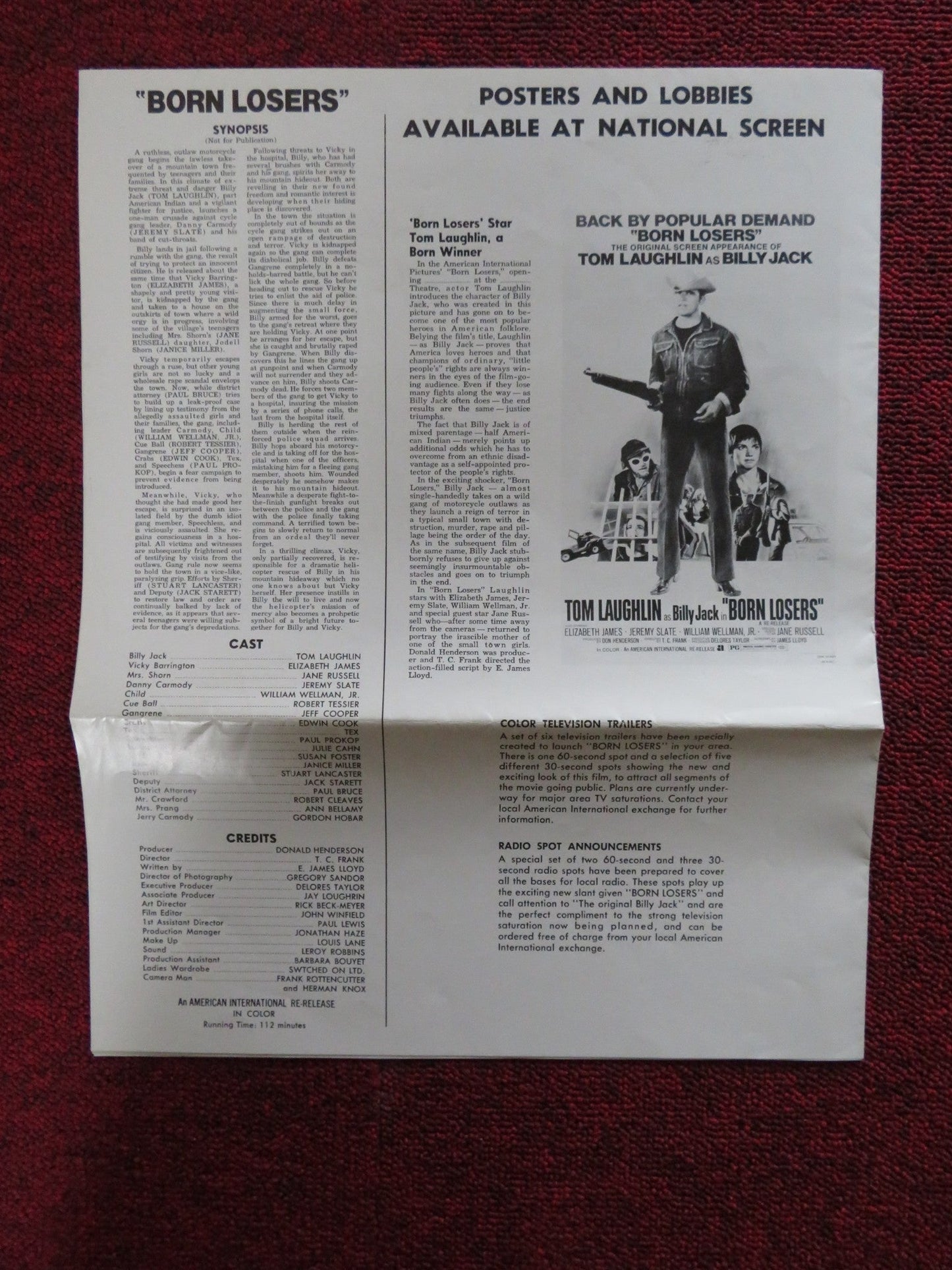 BORN LOSERS - REVISED PRESSBOOK UNCUT AMERICAN INTERNATIONAL TOM LAUGHLIN 1974 Rendezvous Cinema Movie posters