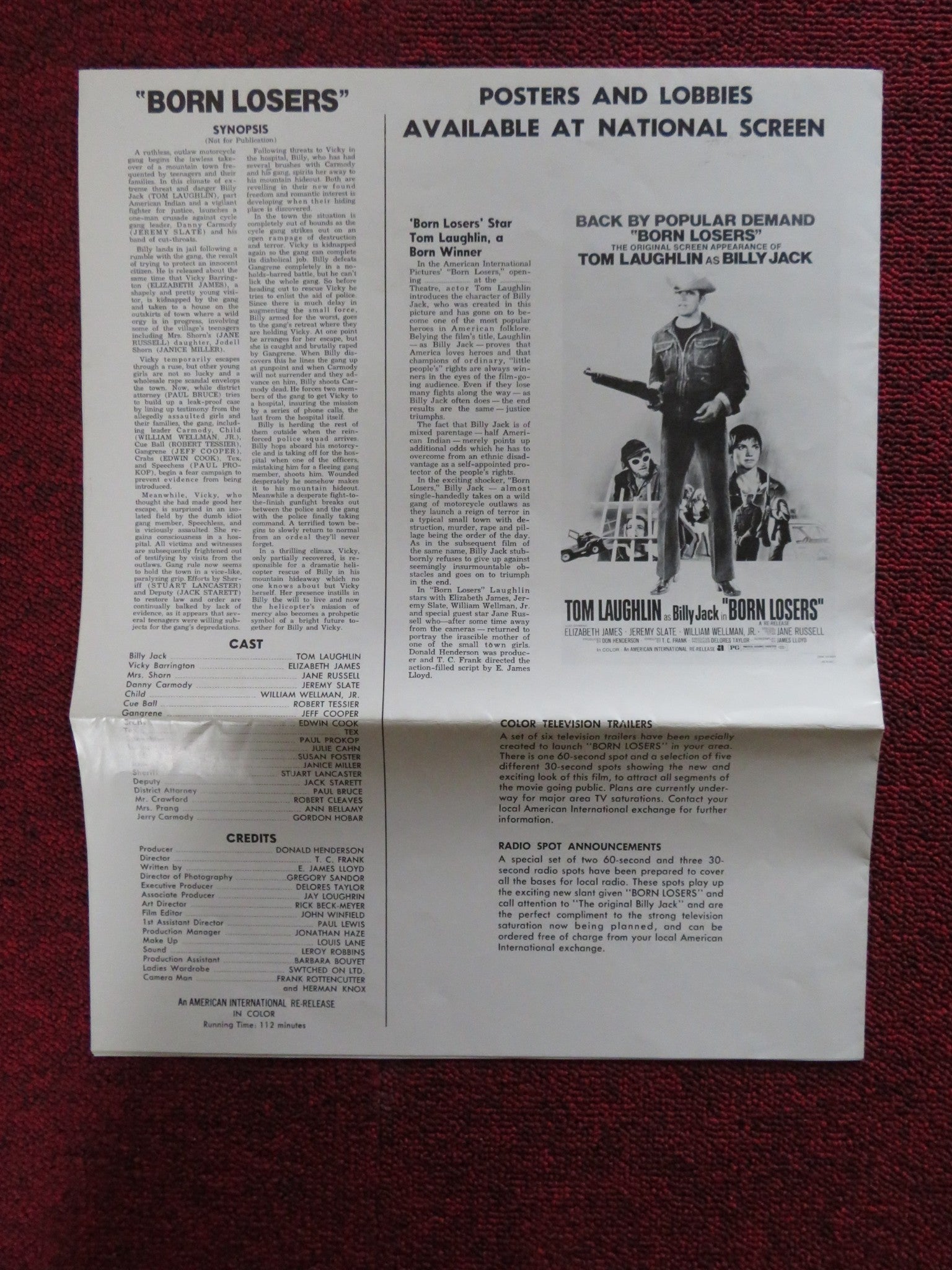 BORN LOSERS - REVISED PRESSBOOK UNCUT AMERICAN INTERNATIONAL TOM LAUGHLIN 1974 Rendezvous Cinema Movie posters