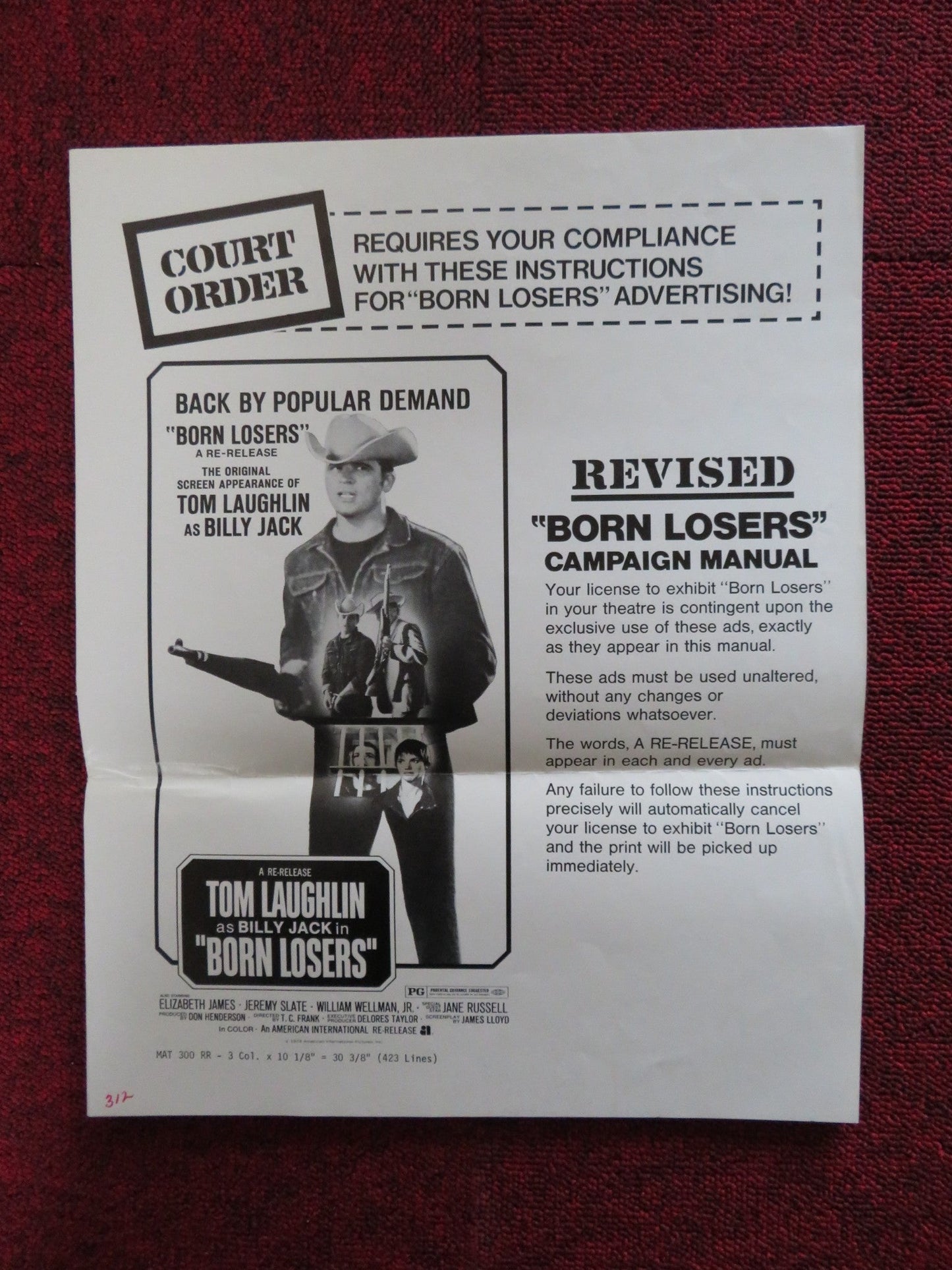 BORN LOSERS - REVISED PRESSBOOK UNCUT AMERICAN INTERNATIONAL TOM LAUGHLIN 1974 Rendezvous Cinema Movie posters