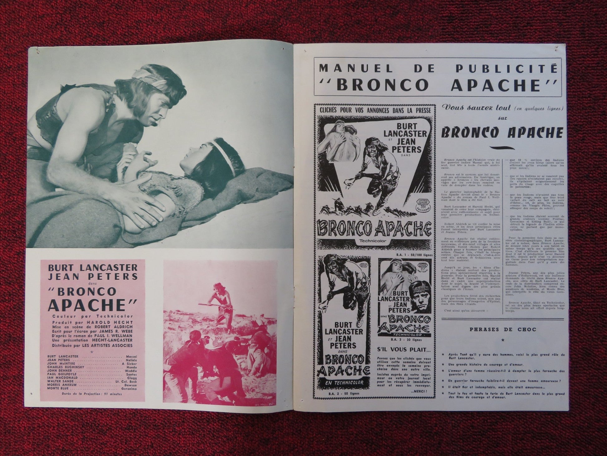 BRONCO APACHE FRENCH PRESS BOOK BURT LANCASTER JEAN PETERS 1954 Rendezvous Cinema Movie posters