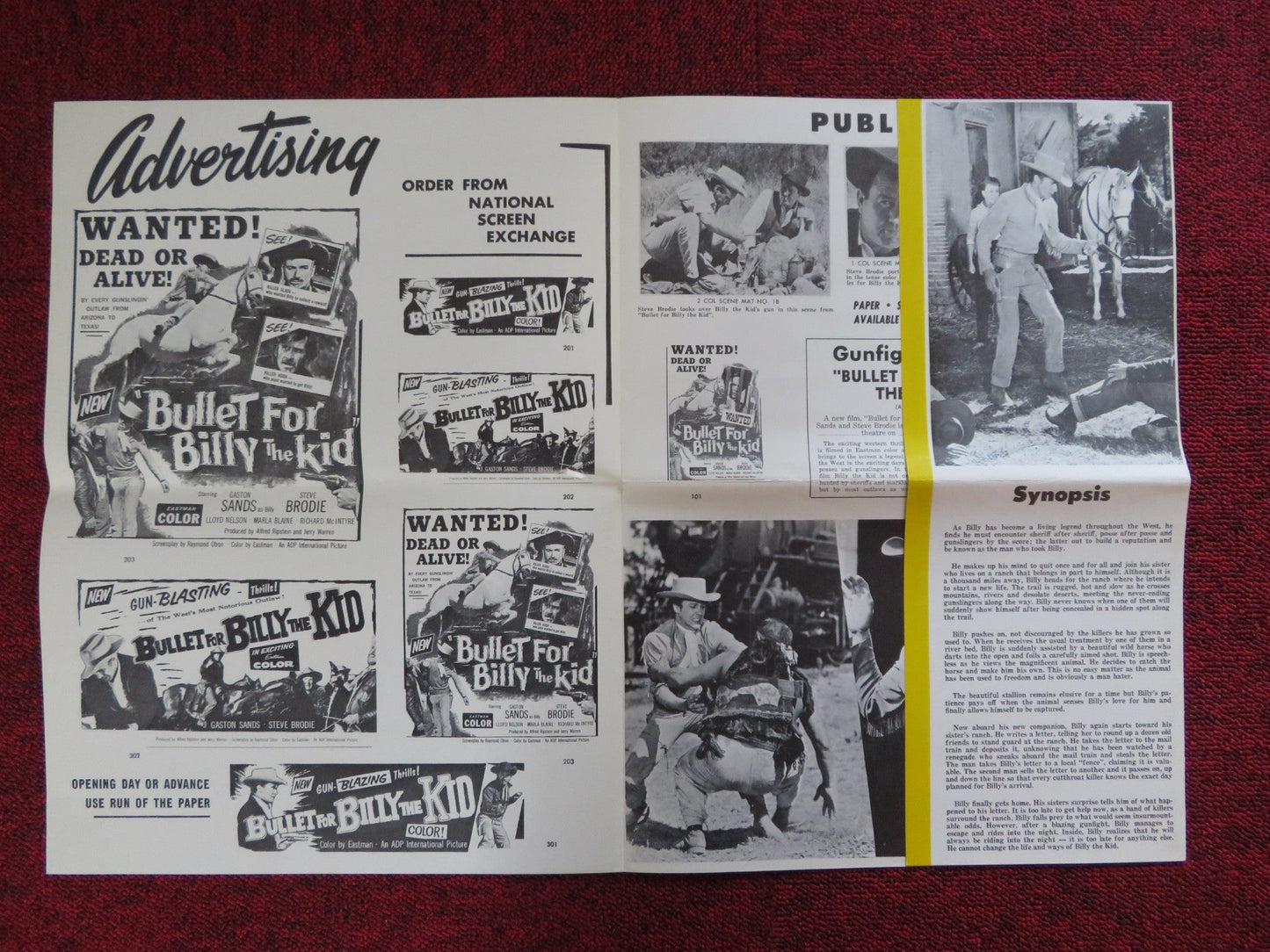 BULLET FOR BILLY THE KID UNCUT A.D.P INTERNATIONAL FOLDED PRESS BOOK SANDS 1963 Rendezvous Cinema Movie posters