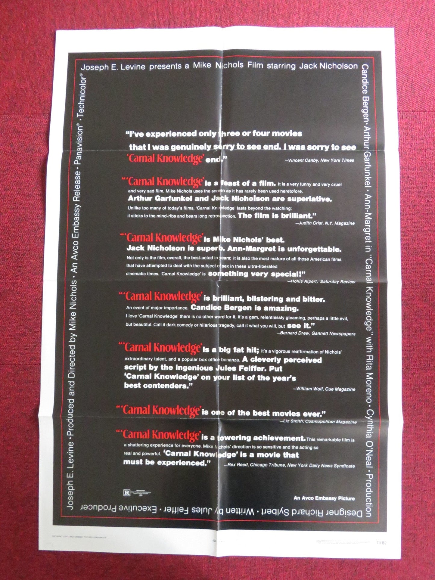 CARNAL KNOWLEDGE FOLDED US ONE SHEET POSTER JACK NICHOLSON CANDICE BERGEN 1971 Rendezvous Cinema Movie posters