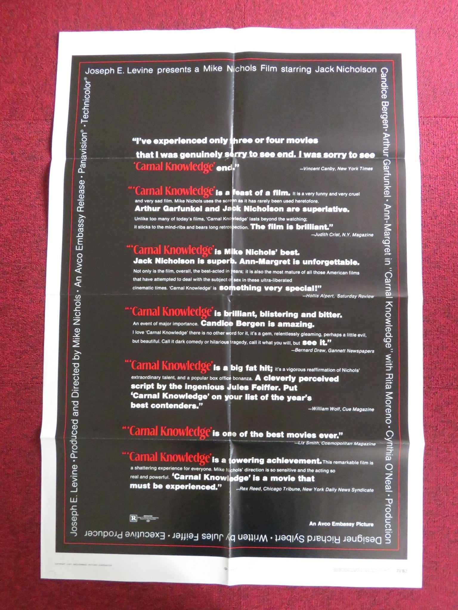 CARNAL KNOWLEDGE FOLDED US ONE SHEET POSTER JACK NICHOLSON CANDICE BERGEN 1971 Rendezvous Cinema Movie posters