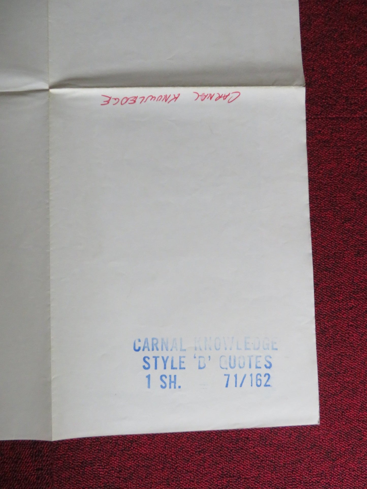 CARNAL KNOWLEDGE FOLDED US ONE SHEET POSTER JACK NICHOLSON CANDICE BERGEN 1971 Rendezvous Cinema Movie posters