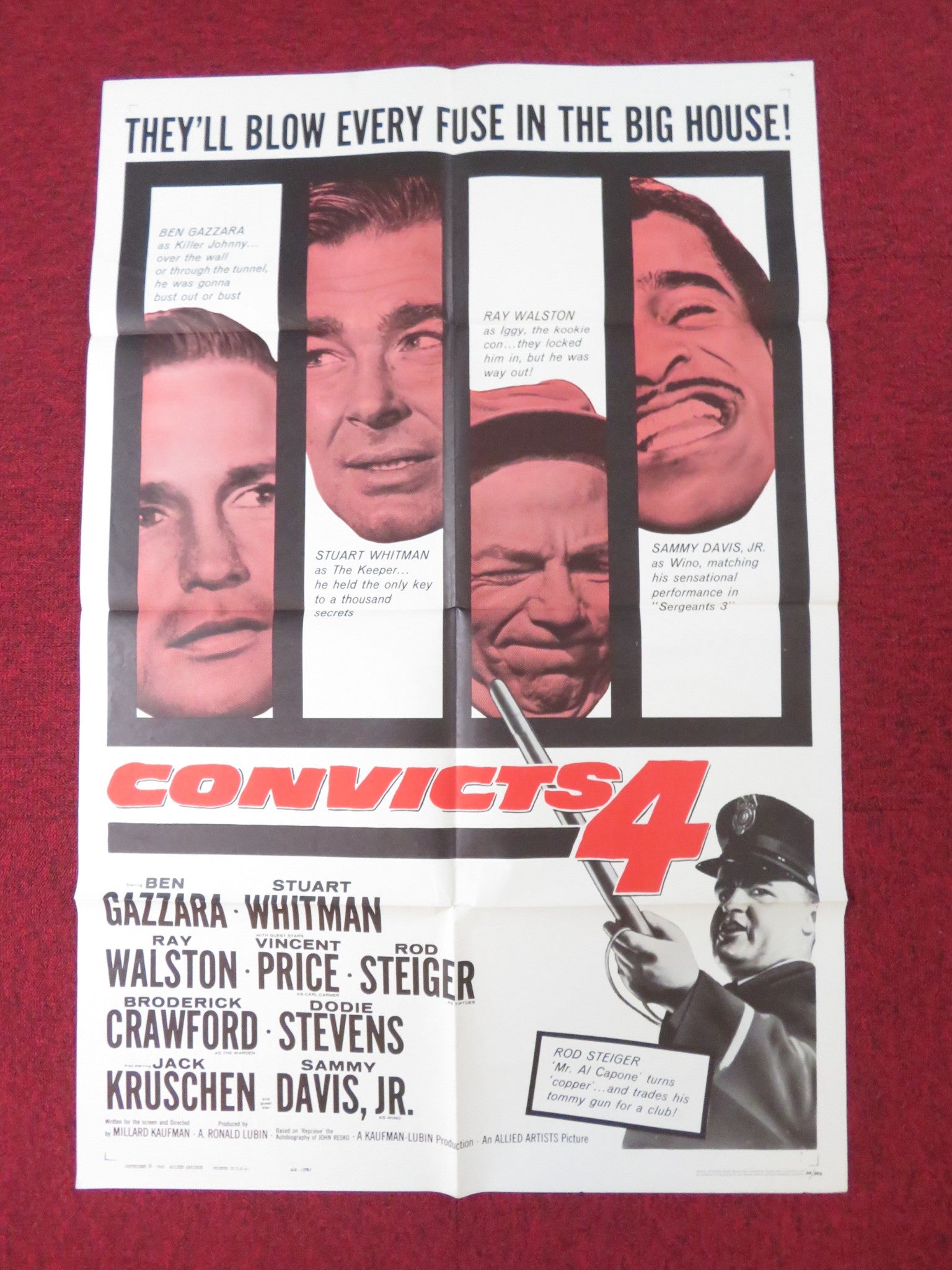 CONVICTS 4 FOLDED US ONE SHEET POSTER BEN GAZZARA STUART WHITMAN 1962 Rendezvous Cinema Movie posters