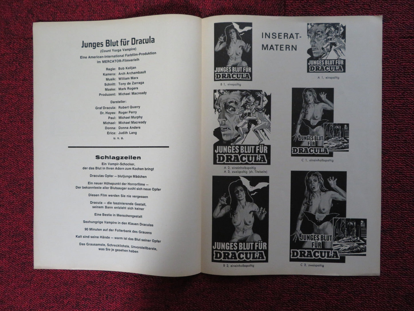 COUNT YORGA, VAMPIRE - GERMAN PRESSBOOK UNCUT ROBERT QUARRY ROGER PERRY 1970 Rendezvous Cinema Movie posters