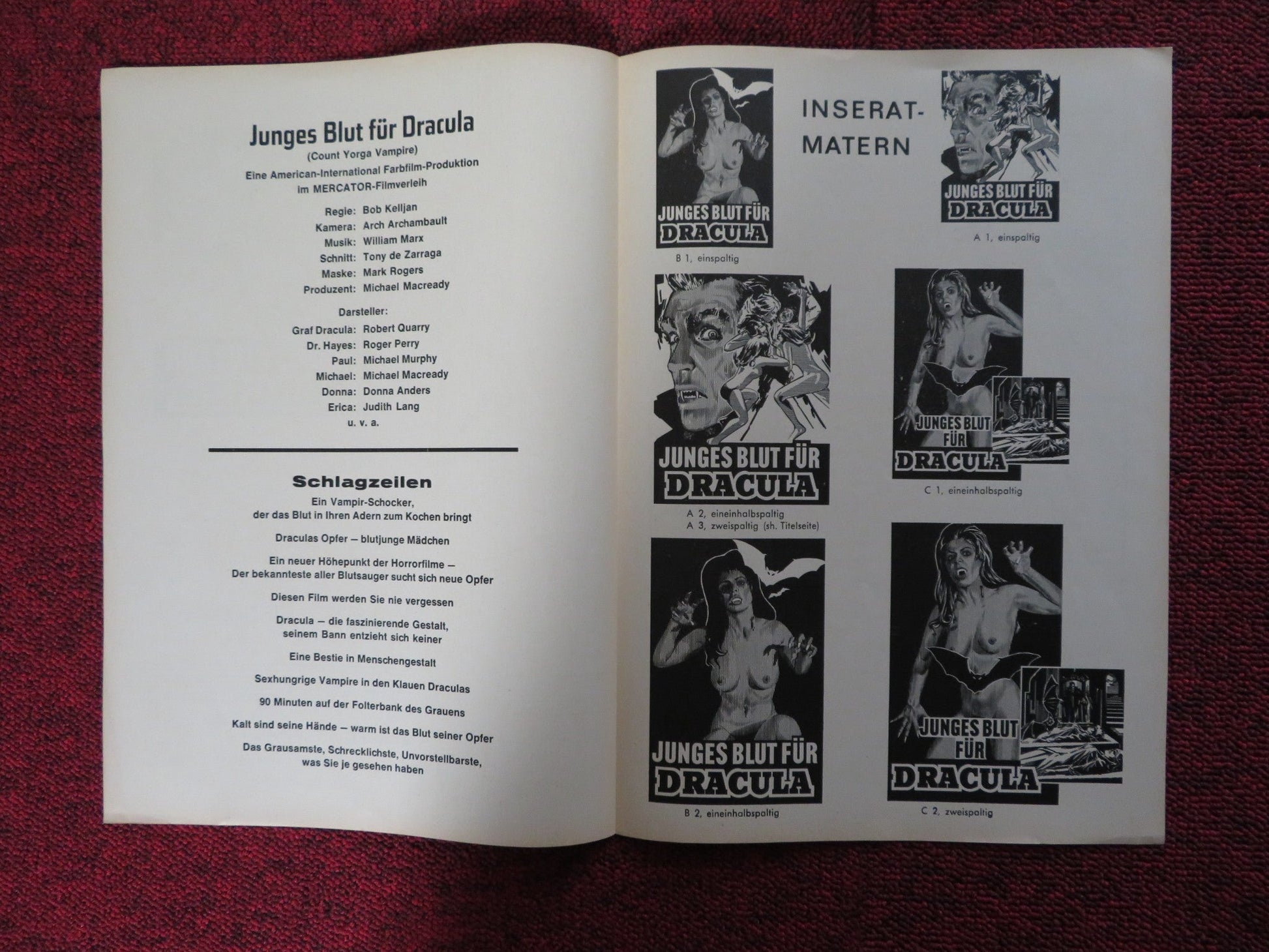 COUNT YORGA, VAMPIRE - GERMAN PRESSBOOK UNCUT ROBERT QUARRY ROGER PERRY 1970 Rendezvous Cinema Movie posters