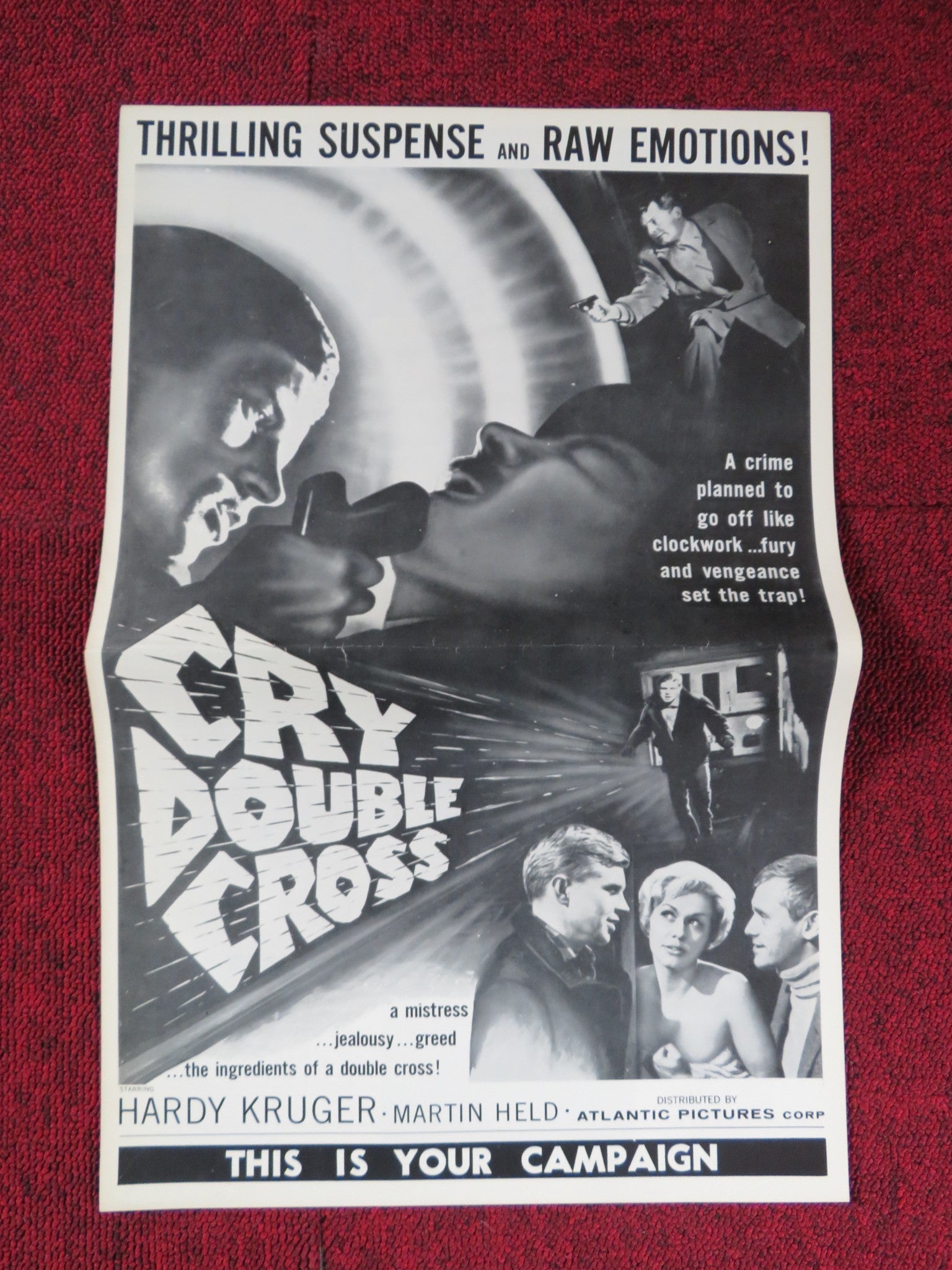 CRY DOUBLE CROSS UNCUT ATLANTIC FOLDED PRESS BOOK HARDY KRUGER MARTIN HELD 1960 Rendezvous Cinema Movie posters