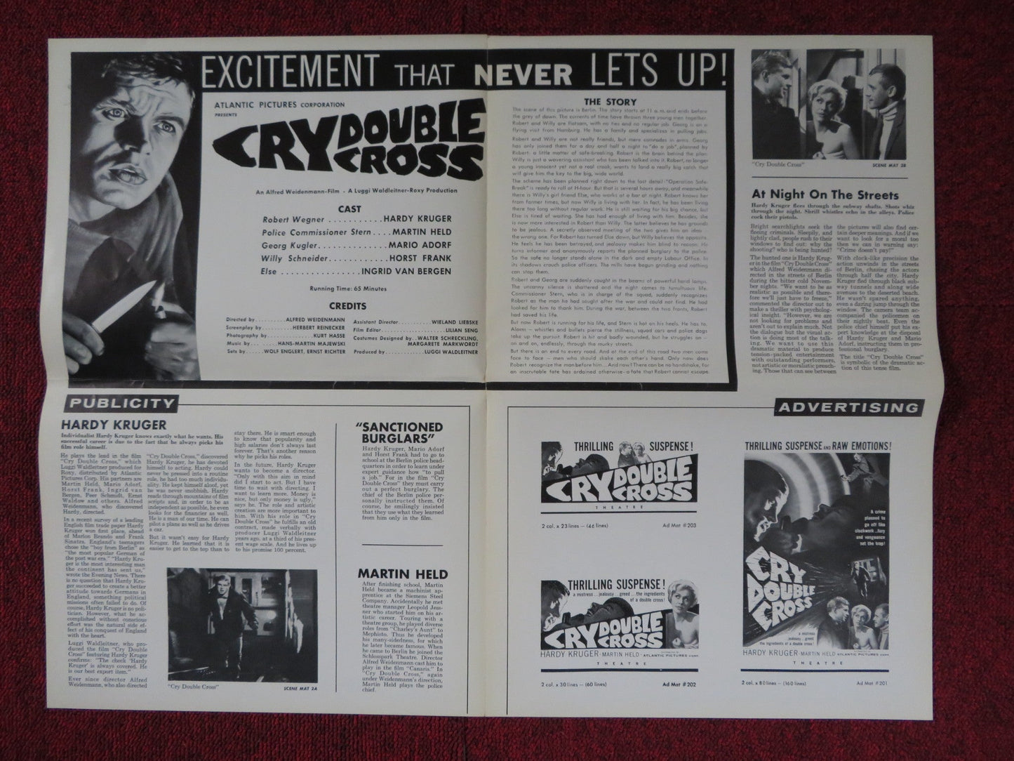 CRY DOUBLE CROSS UNCUT ATLANTIC FOLDED PRESS BOOK HARDY KRUGER MARTIN HELD 1960 Rendezvous Cinema Movie posters