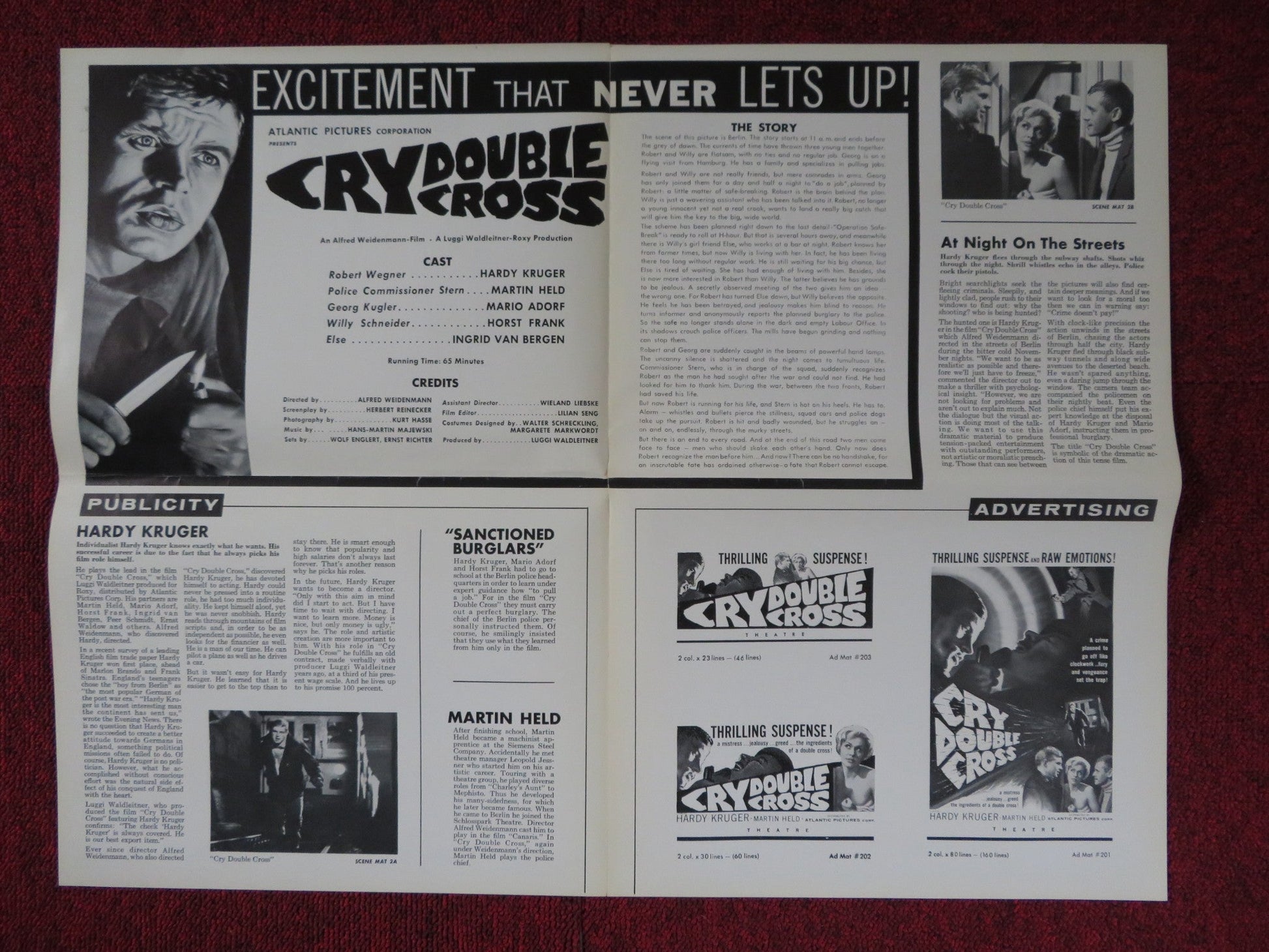 CRY DOUBLE CROSS UNCUT ATLANTIC FOLDED PRESS BOOK HARDY KRUGER MARTIN HELD 1960 Rendezvous Cinema Movie posters