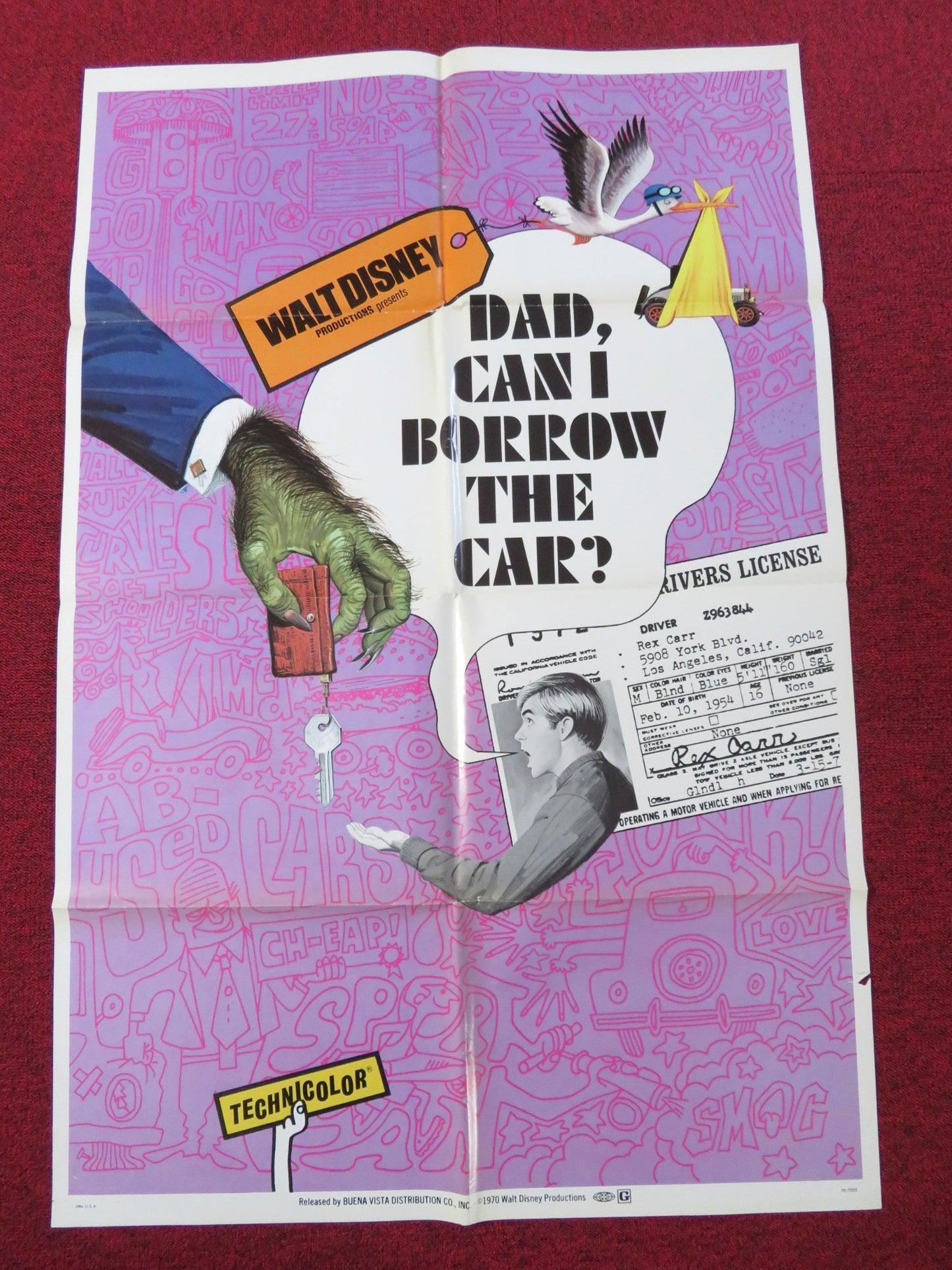 DAD... CAN I BORROW THE CAR? FOLDED US ONE SHEET POSTER DISNEY KURT RUSSELL 1970 Rendezvous Cinema Movie posters