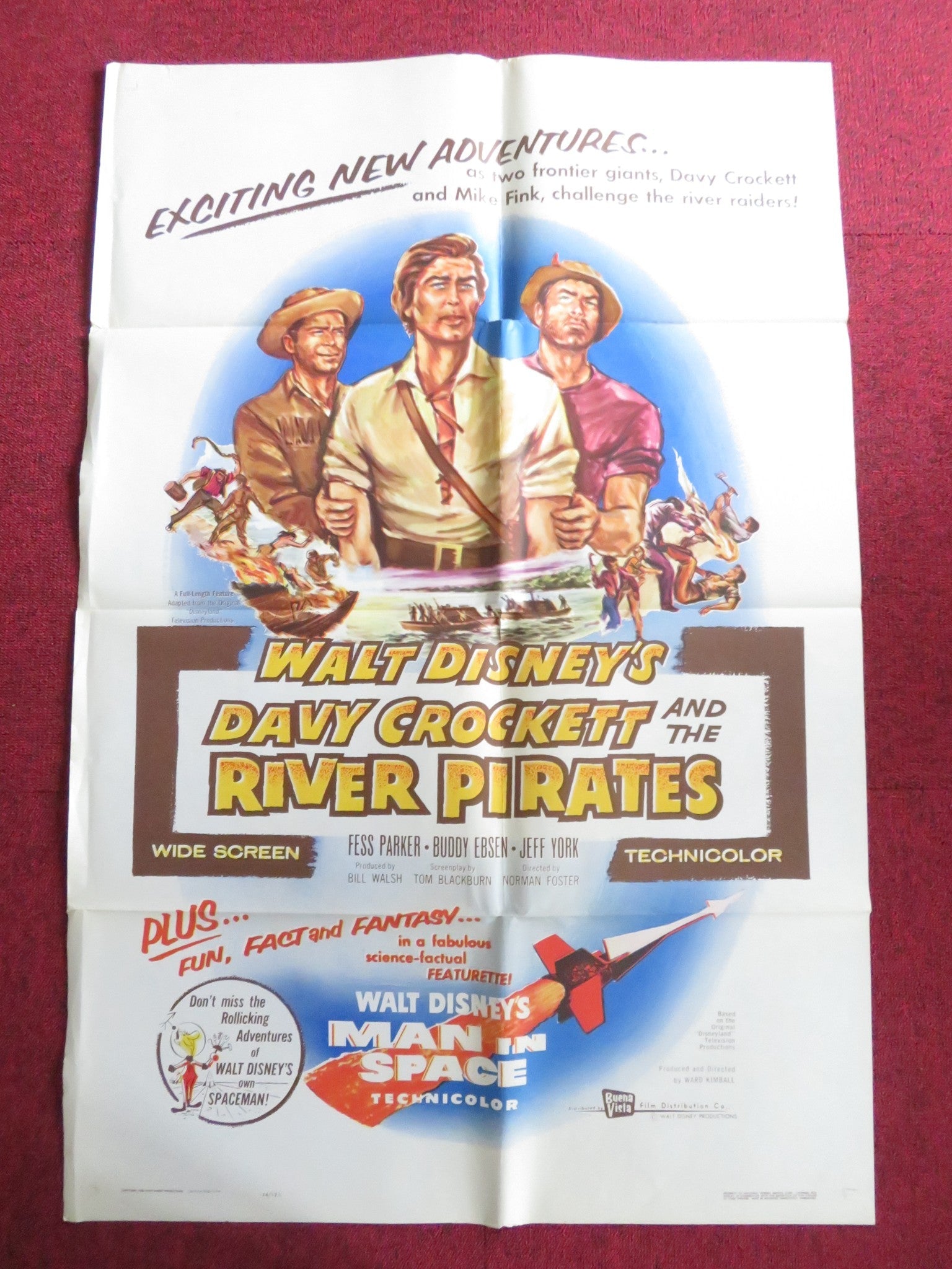 DAVY CROCKETT AND THE RIVER PIRATES FOLDED US ONE SHEET POSTER DISNEY 1956 Rendezvous Cinema Movie posters