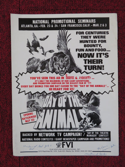 DAY OF THE ANIMALS PRESSKIT PAGES FILM VENTURES INTERNATIONAL C. GEORGE 1977 Rendezvous Cinema Movie posters
